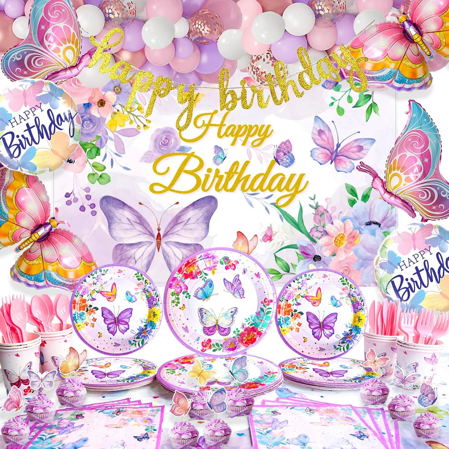 Butterfly Bliss Party Pack - Pink Purple Balloon Arch Kit, Happy Birthday Backdrop Banner, Tablecloth, Plates & Tableware for Girls & Women, Serves 20