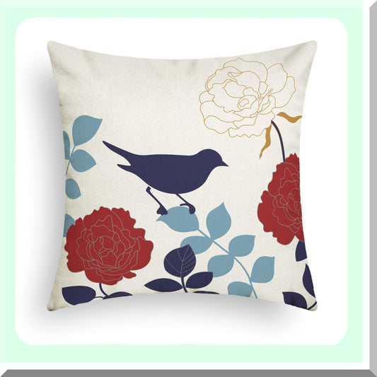 Floral Bird Silhouette Cushion Covers - Navy Blue & Red Flower Throw Pillow Cases for Couch Sofa - Home Decor 18 X 18 Inches Canvas Cartoon Shadow