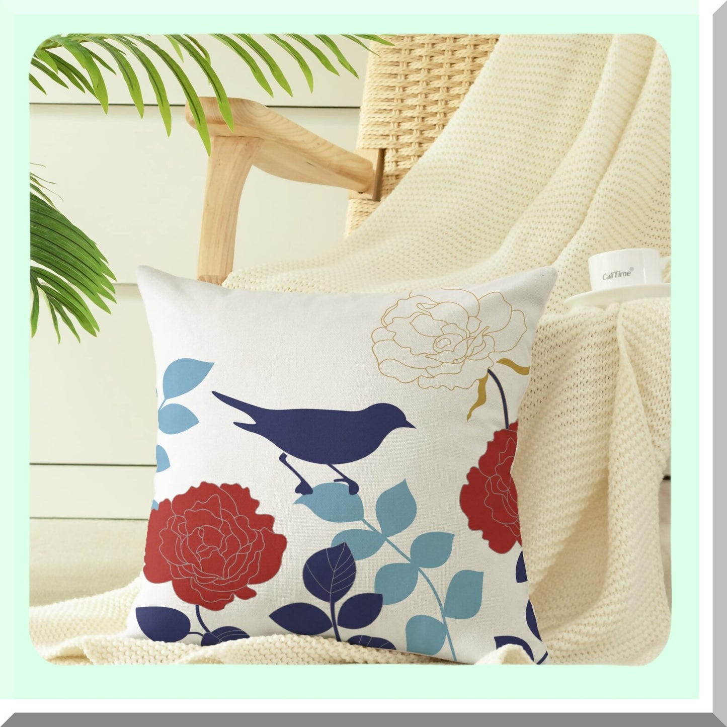 Floral Bird Silhouette Cushion Covers - Navy Blue & Red Flower Throw Pillow Cases for Couch Sofa - Home Decor 18 X 18 Inches Canvas Cartoon Shadow