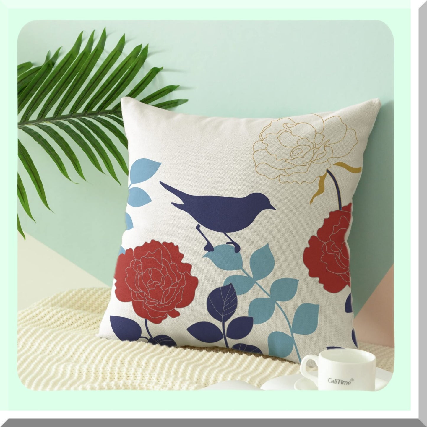 Floral Bird Silhouette Cushion Covers - Navy Blue & Red Flower Throw Pillow Cases for Couch Sofa - Home Decor 18 X 18 Inches Canvas Cartoon Shadow