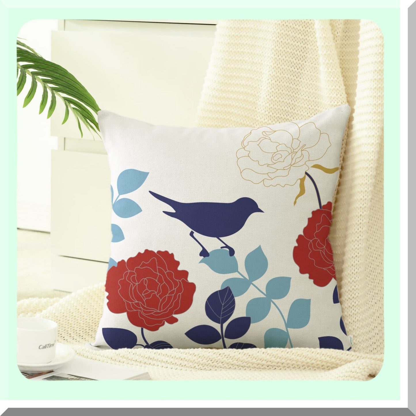 Floral Bird Silhouette Cushion Covers - Navy Blue & Red Flower Throw Pillow Cases for Couch Sofa - Home Decor 18 X 18 Inches Canvas Cartoon Shadow