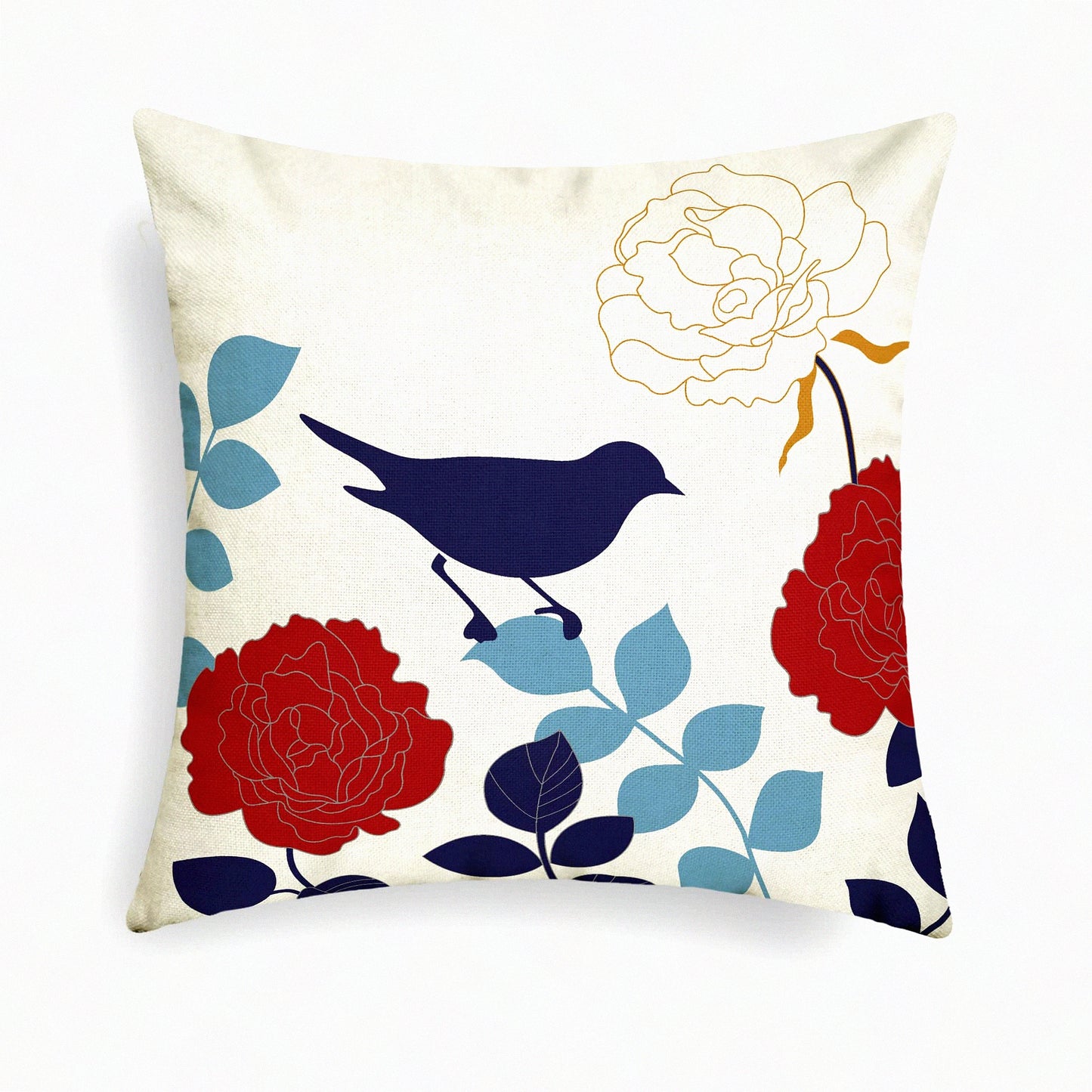 Floral Bird Silhouette Cushion Covers - Navy Blue & Red Flower Throw Pillow Cases for Couch Sofa - Home Decor 18 X 18 Inches Canvas Cartoon Shadow