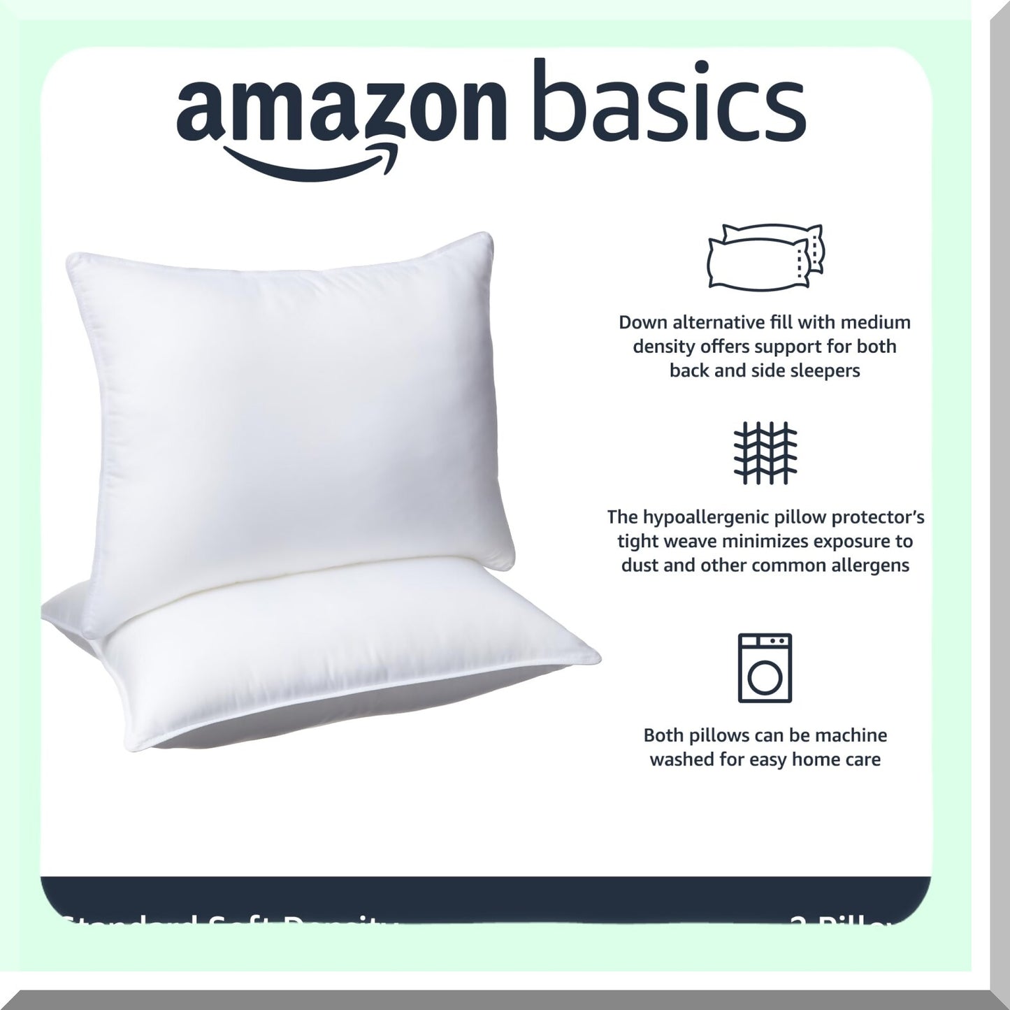 SoftDreams Stomach & Back Sleeper Pillows - 2 Pack, White, Standard Size 26"x20" - Hypoallergenic Down Alternative, Soft Density Support