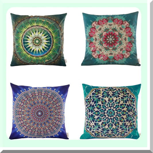 Retro Floral Medallion Bohemian Pillow Covers - Set of 4 | Boho Decor Hippie Throw Pillows for Sofa Couch 18x18 - Decorative Vintage Cushion Case