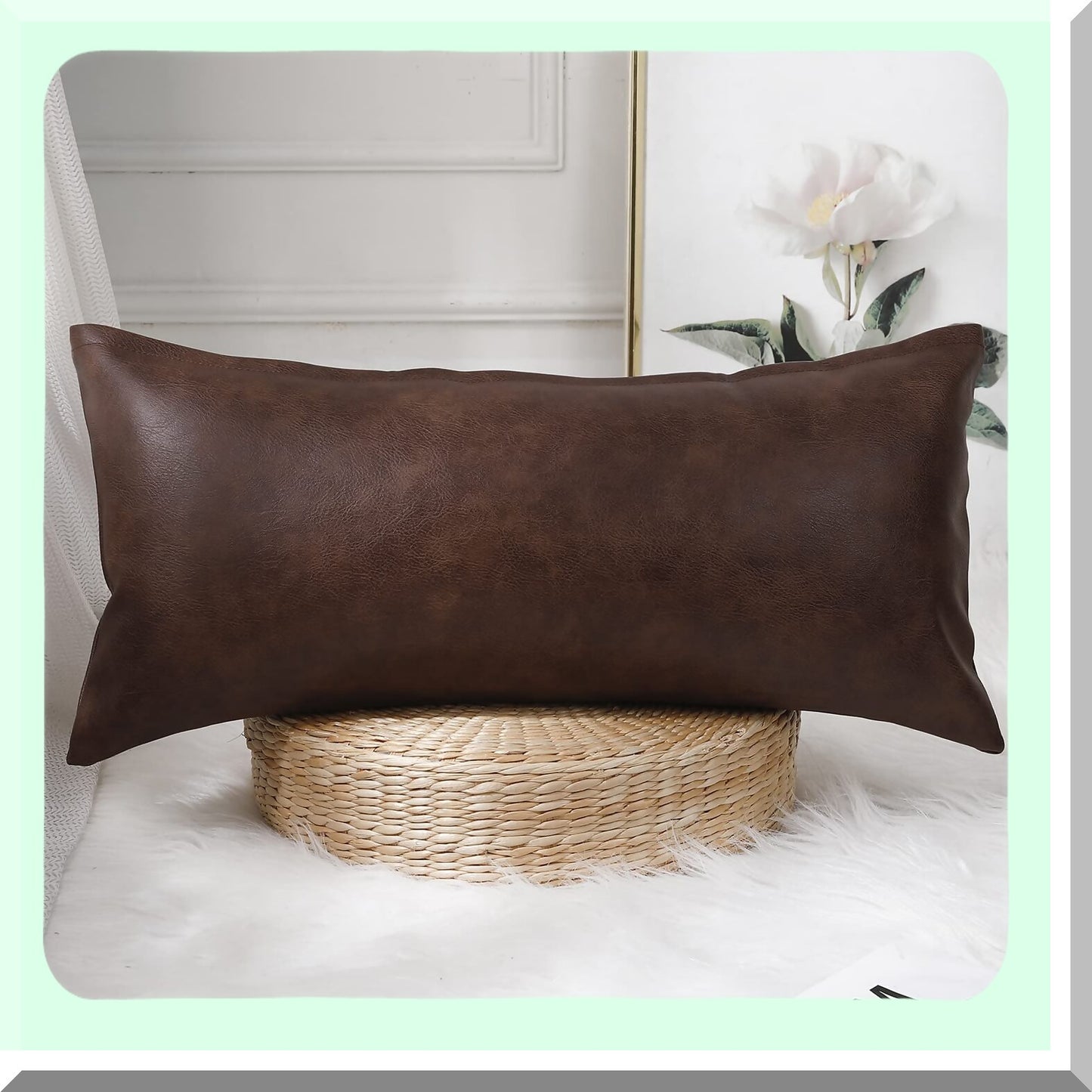 Boho Leather Lumbar Pillow Cover - Farmhouse Decor Cushion Case for Sofa Couch Bed - Modern Vegan Dark Brown - 14x24 - Living Room Accent