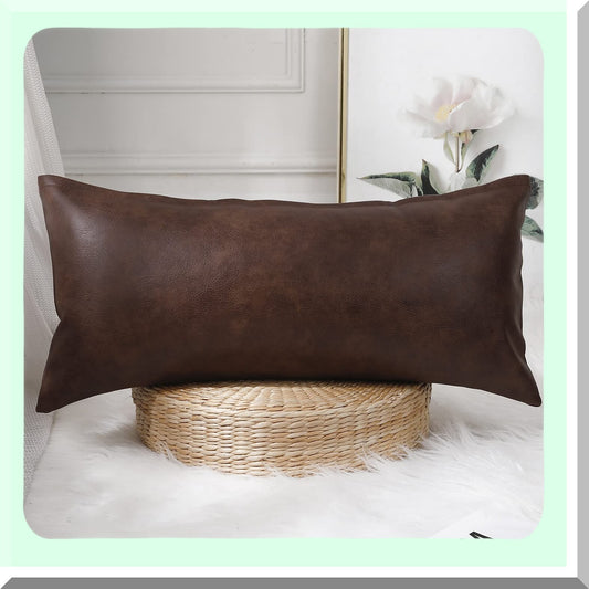 Boho Leather Lumbar Pillow Cover - Farmhouse Decor Cushion Case for Sofa Couch Bed - Modern Vegan Dark Brown - 14x24 - Living Room Accent