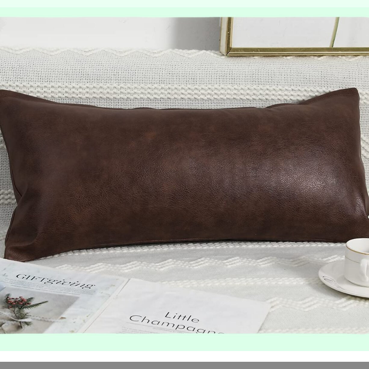 Boho Leather Lumbar Pillow Cover - Farmhouse Decor Cushion Case for Sofa Couch Bed - Modern Vegan Dark Brown - 14x24 - Living Room Accent