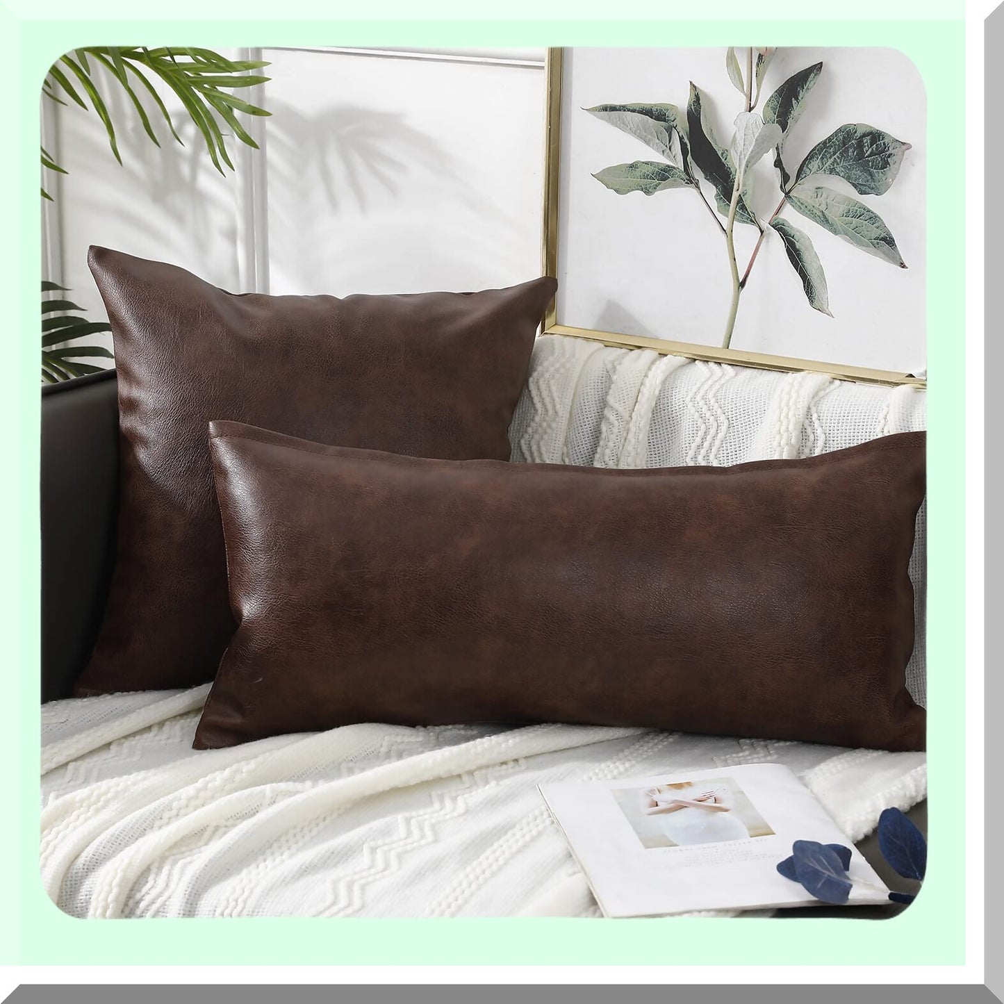 Boho Leather Lumbar Pillow Cover - Farmhouse Decor Cushion Case for Sofa Couch Bed - Modern Vegan Dark Brown - 14x24 - Living Room Accent