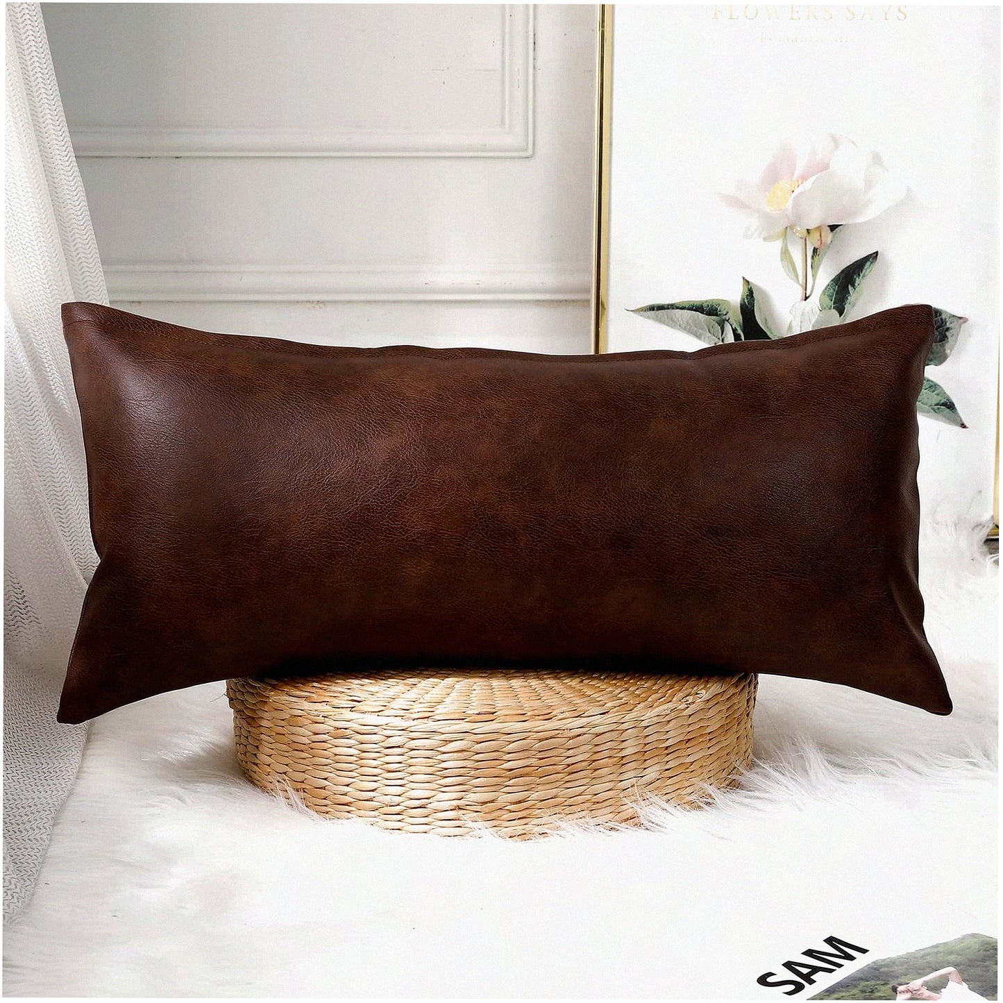 Boho Leather Lumbar Pillow Cover - Farmhouse Decor Cushion Case for Sofa Couch Bed - Modern Vegan Dark Brown - 14x24 - Living Room Accent