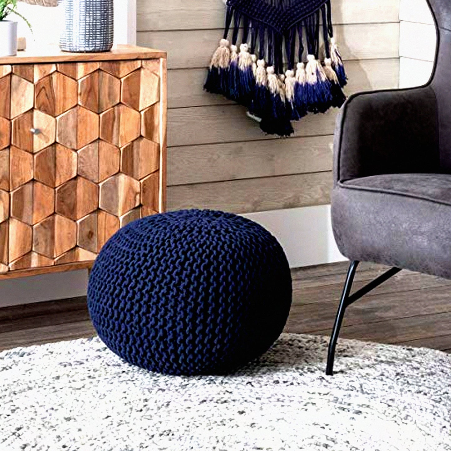 CozyKnit Round Ottoman Pouf - 14x20x20 Inch - Soft Knitted Footrest for Living Room, Bedroom, or Nursery - Stylish Home Decor Accent Piece