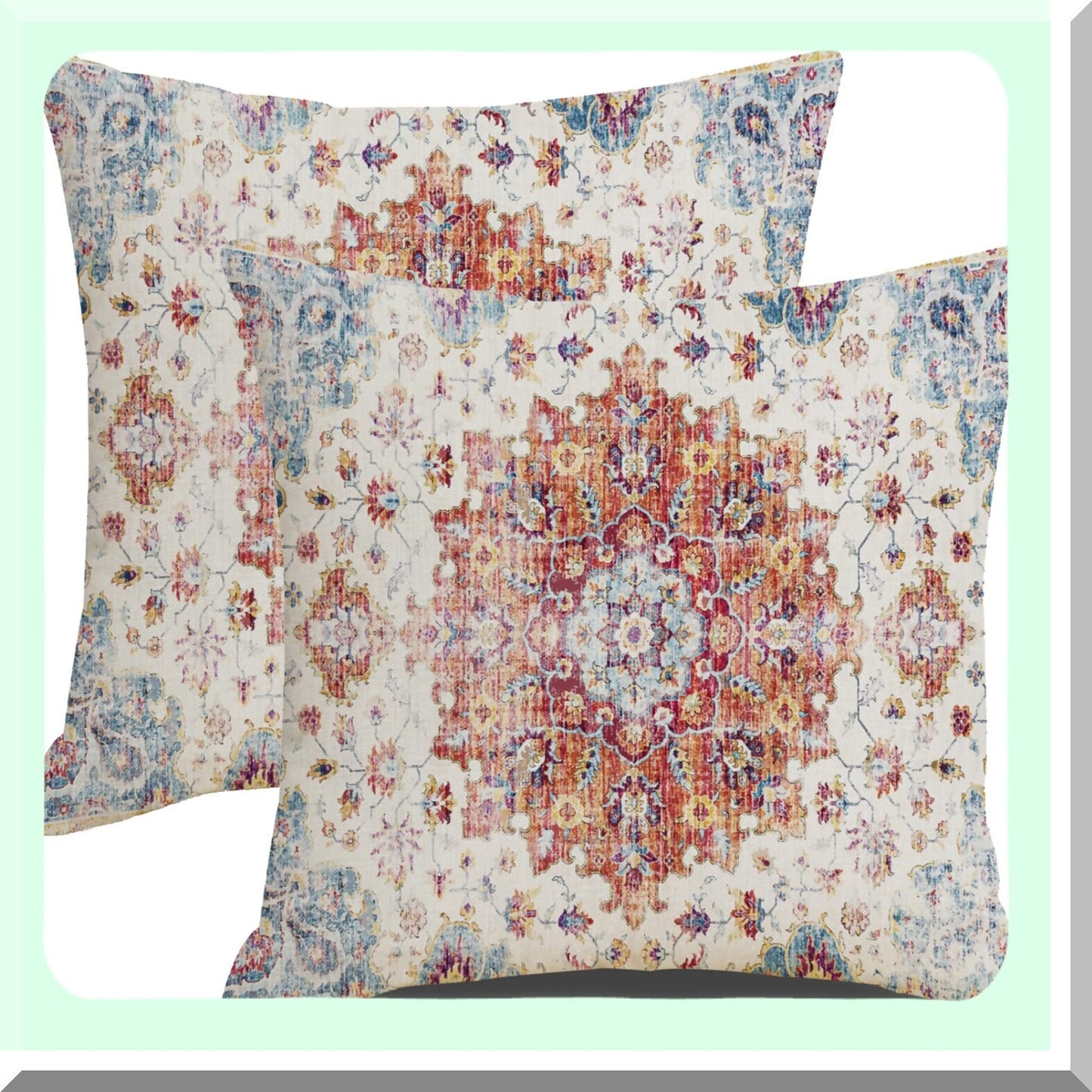 Ethnic Farmhouse Floral Pillow Covers - Set of 2, 18x18 Inch, Orange Blue Teal Coral Linen Decorative Throw Pillows for Outdoor Living Room Couch Sofa Decor