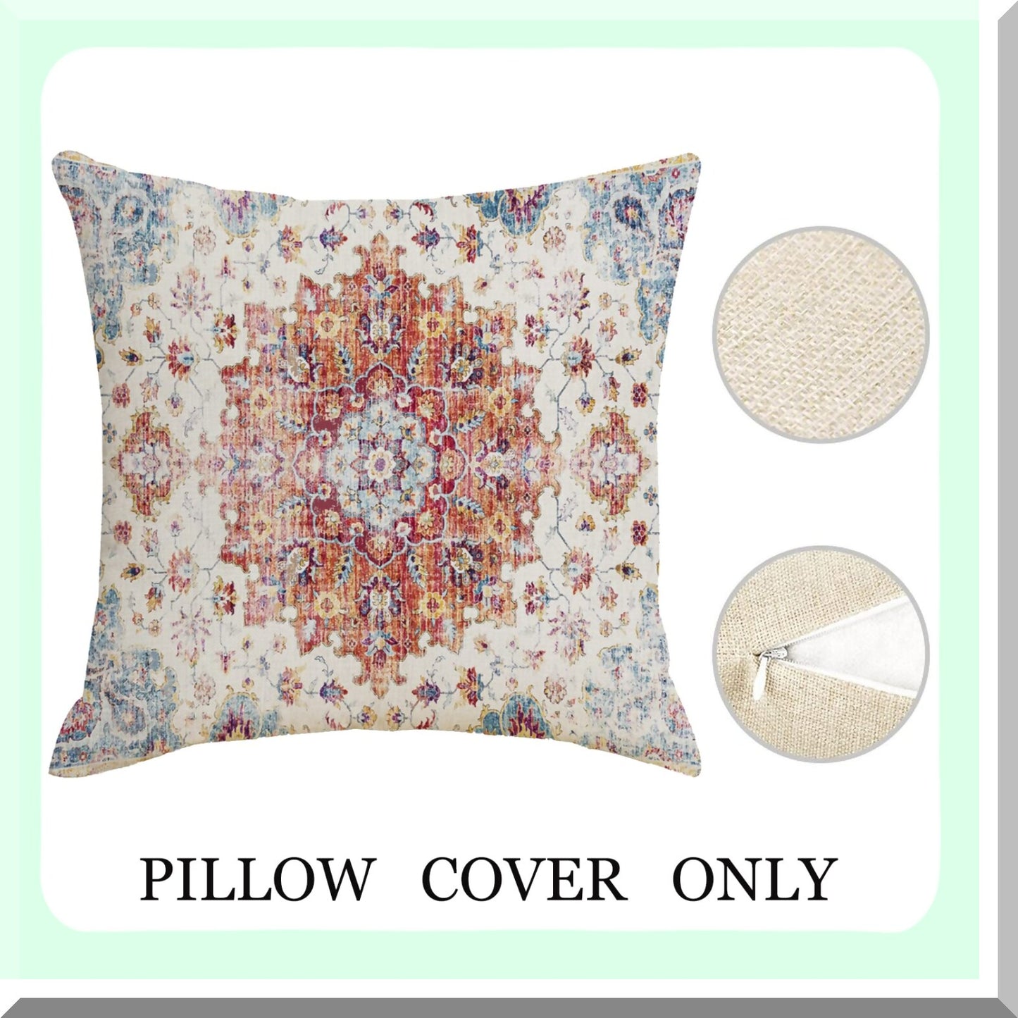 Ethnic Farmhouse Floral Pillow Covers - Set of 2, 18x18 Inch, Orange Blue Teal Coral Linen Decorative Throw Pillows for Outdoor Living Room Couch Sofa Decor