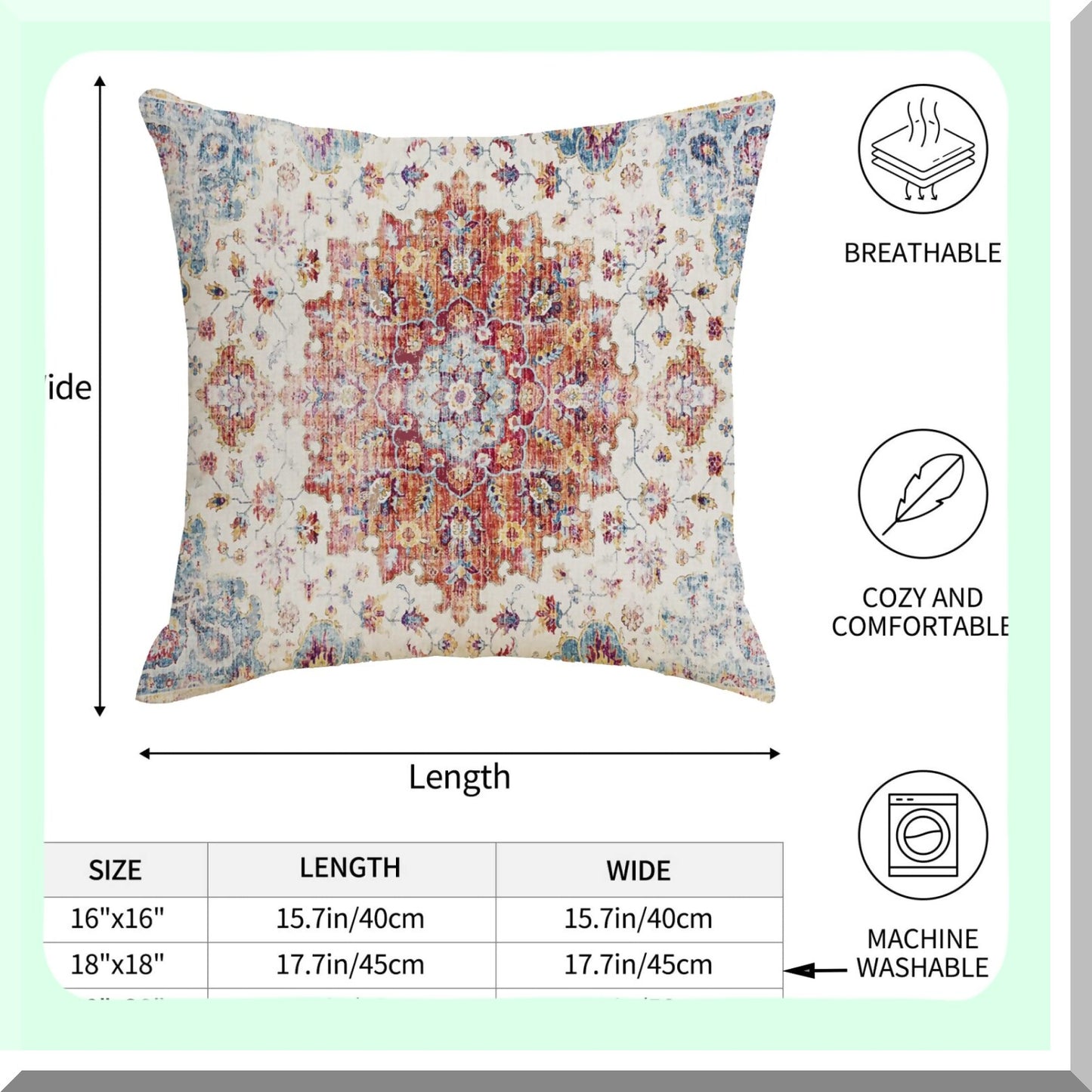 Ethnic Farmhouse Floral Pillow Covers - Set of 2, 18x18 Inch, Orange Blue Teal Coral Linen Decorative Throw Pillows for Outdoor Living Room Couch Sofa Decor