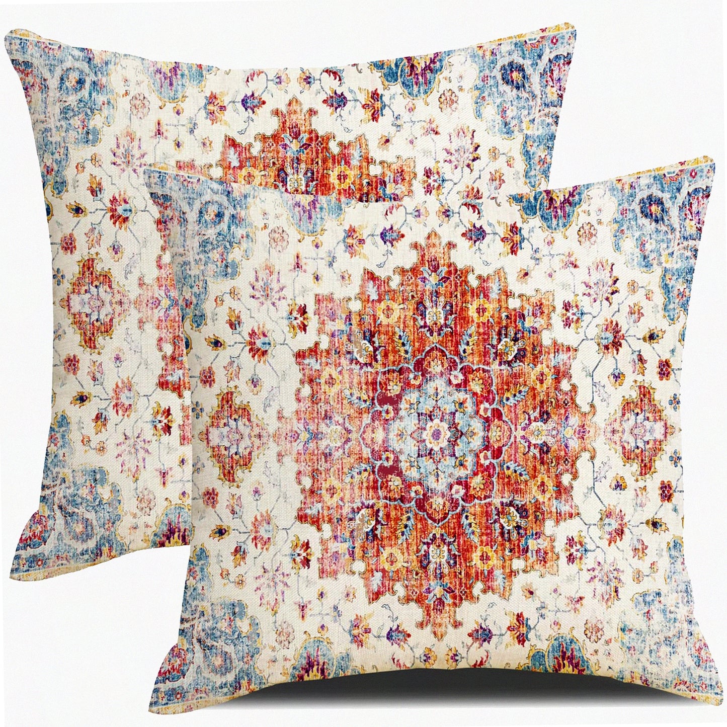 Ethnic Farmhouse Floral Pillow Covers - Set of 2, 18x18 Inch, Orange Blue Teal Coral Linen Decorative Throw Pillows for Outdoor Living Room Couch Sofa Decor