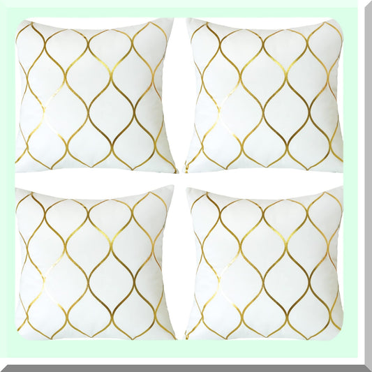 Luxury Gold Velvet Geometric Pillow Covers - Set of 4 Soft Square Cushion Covers for Couch Sofa, Home Bedroom Decor in Cream White - 18x18 Inches