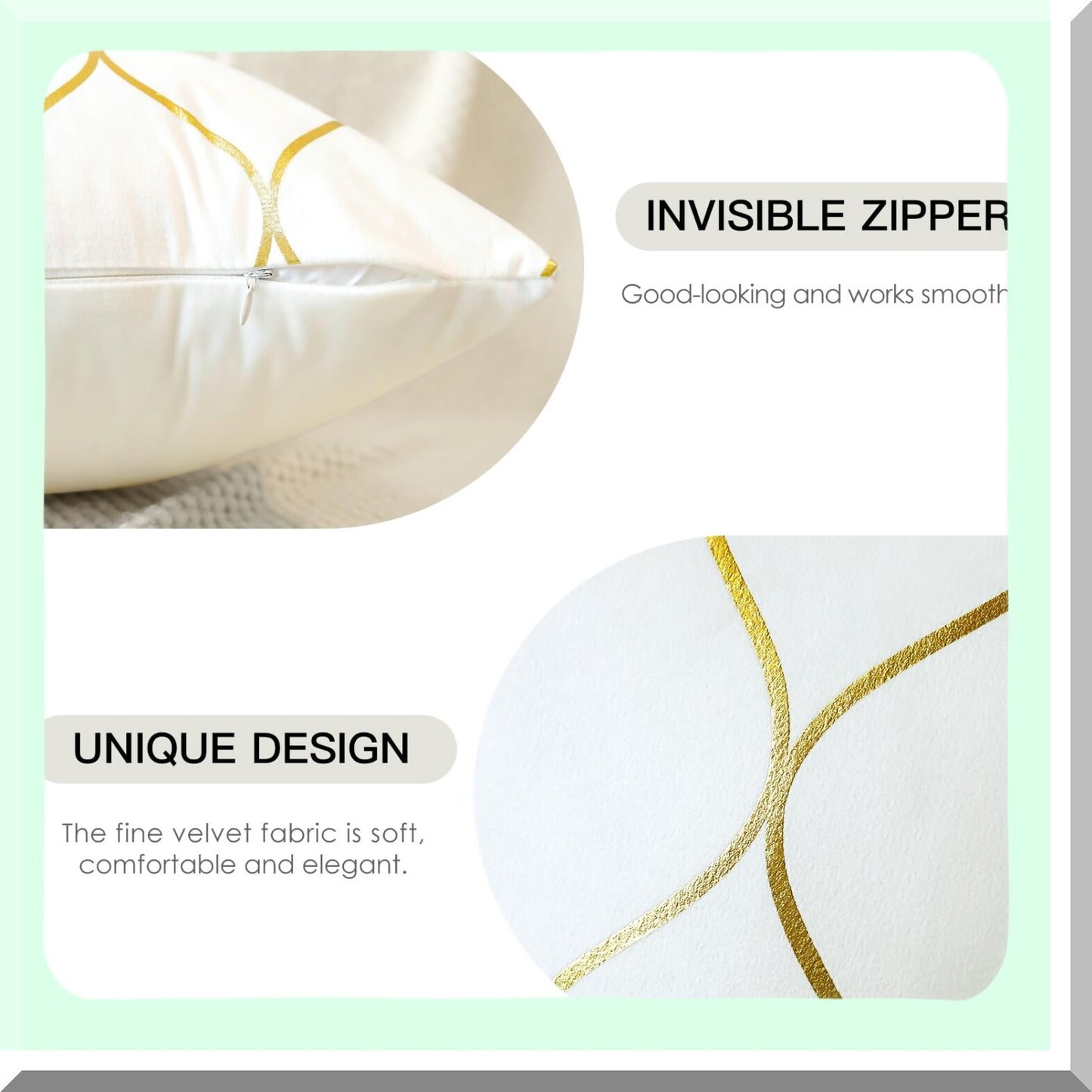 Luxury Gold Velvet Geometric Pillow Covers - Set of 4 Soft Square Cushion Covers for Couch Sofa, Home Bedroom Decor in Cream White - 18x18 Inches