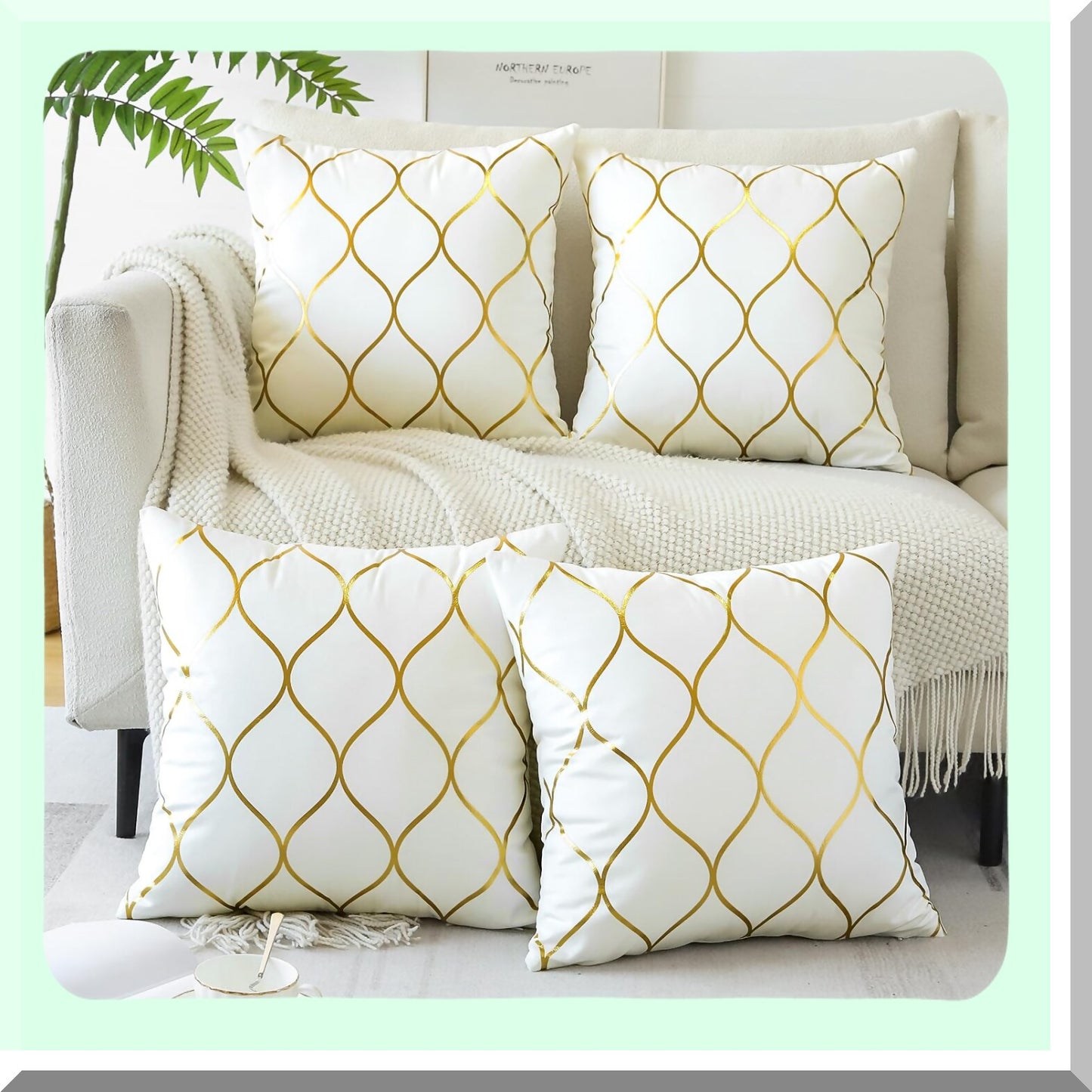 Luxury Gold Velvet Geometric Pillow Covers - Set of 4 Soft Square Cushion Covers for Couch Sofa, Home Bedroom Decor in Cream White - 18x18 Inches