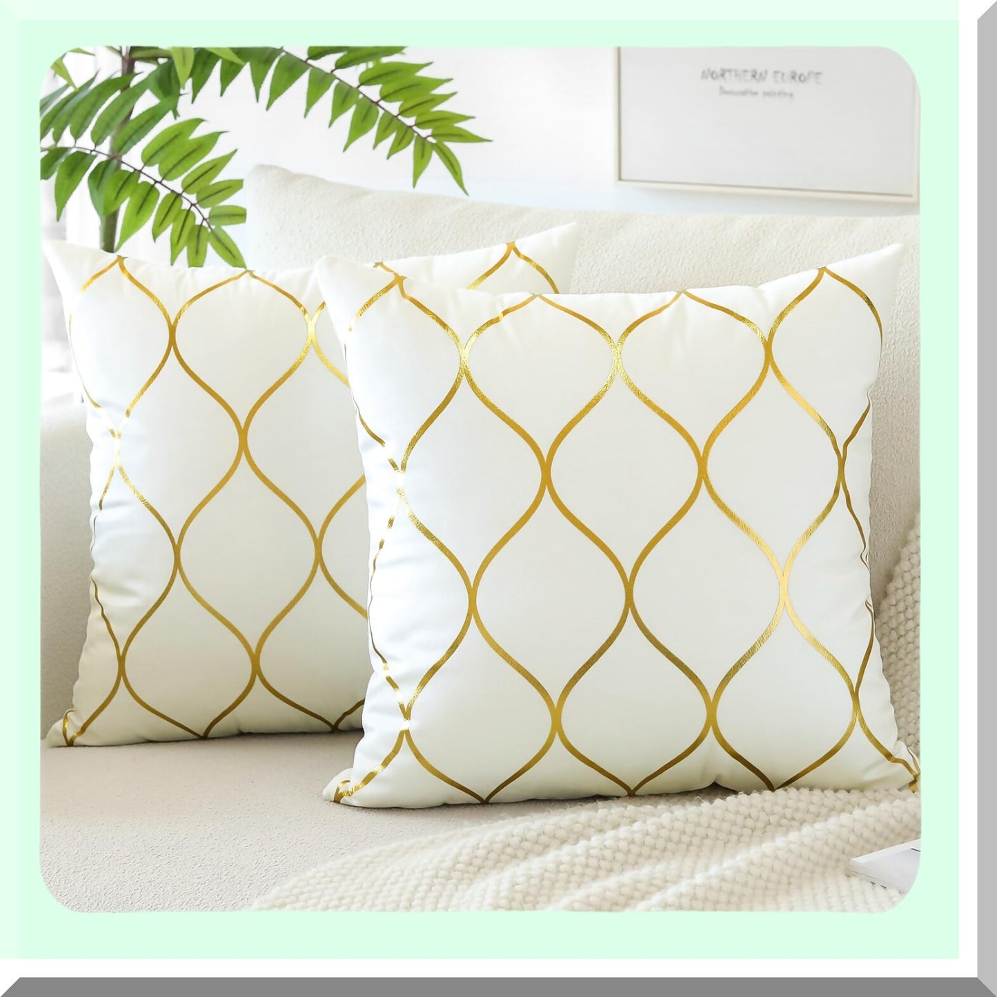 Luxury Gold Velvet Geometric Pillow Covers - Set of 4 Soft Square Cushion Covers for Couch Sofa, Home Bedroom Decor in Cream White - 18x18 Inches