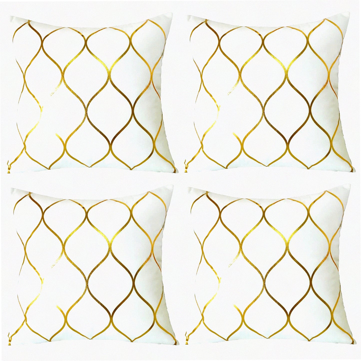Luxury Gold Velvet Geometric Pillow Covers - Set of 4 Soft Square Cushion Covers for Couch Sofa, Home Bedroom Decor in Cream White - 18x18 Inches