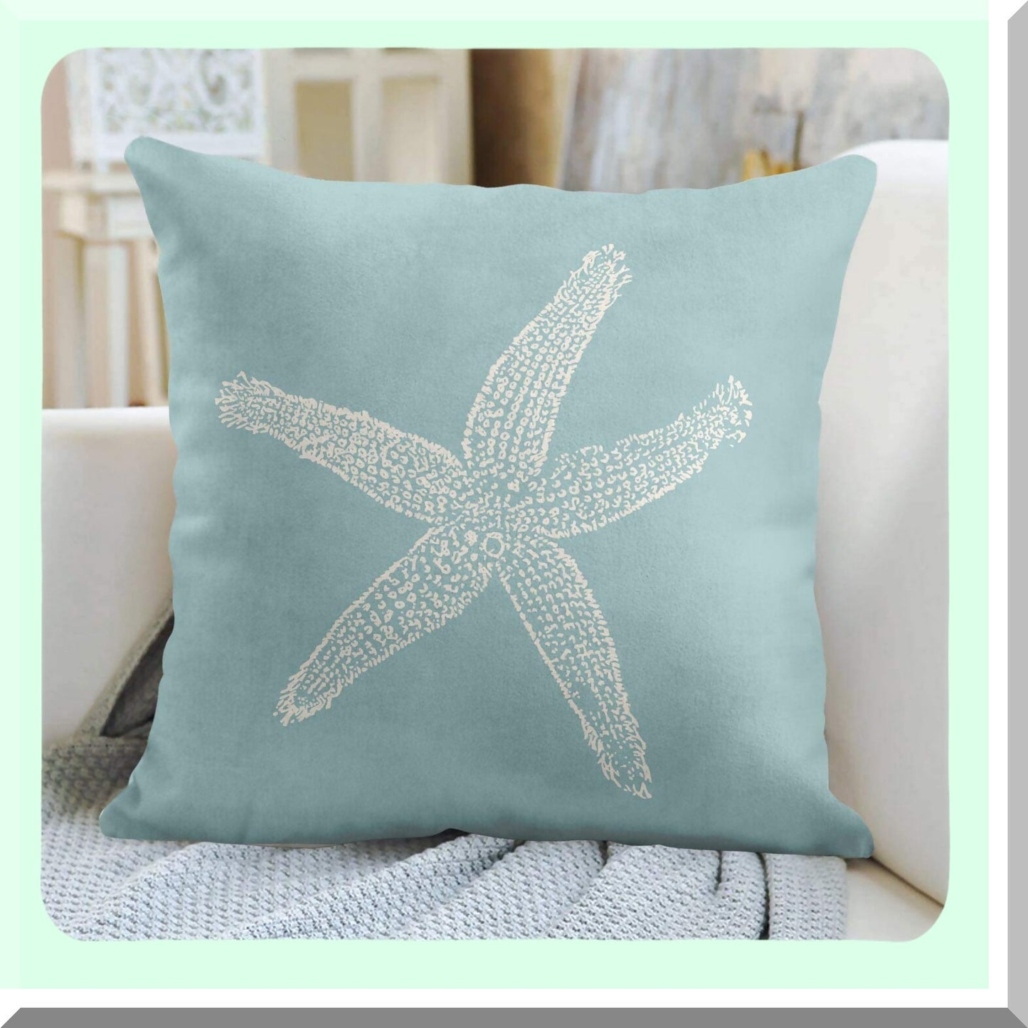 Seafoam Starfish Vintage Pillowcase - Decorative Green Fish Cover for Home Decor, Square 18 x 18 Inch Throw Pillow