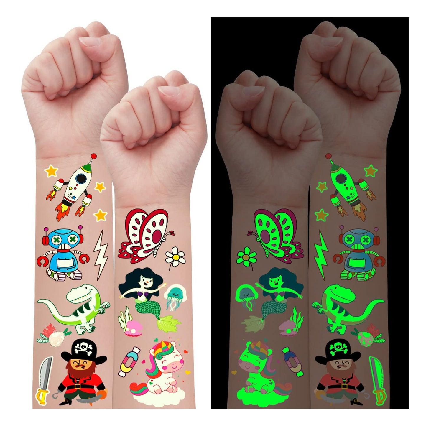 Glowing Party Sticker Pack - Unicorn Dinosaur Mermaid Pirate - Kids Birthday Favors - Luminous Temporary Tattoos - Goodie Bag Stuffers - 30 Sheets