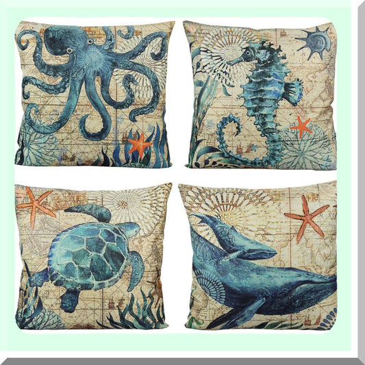 Sea Life Coastal Outdoor Pillow Covers - Set of 4, Nautical Beach Decor Cushion Cases for Patio Furniture, Mediterranean Ocean Theme 18x18 Inch