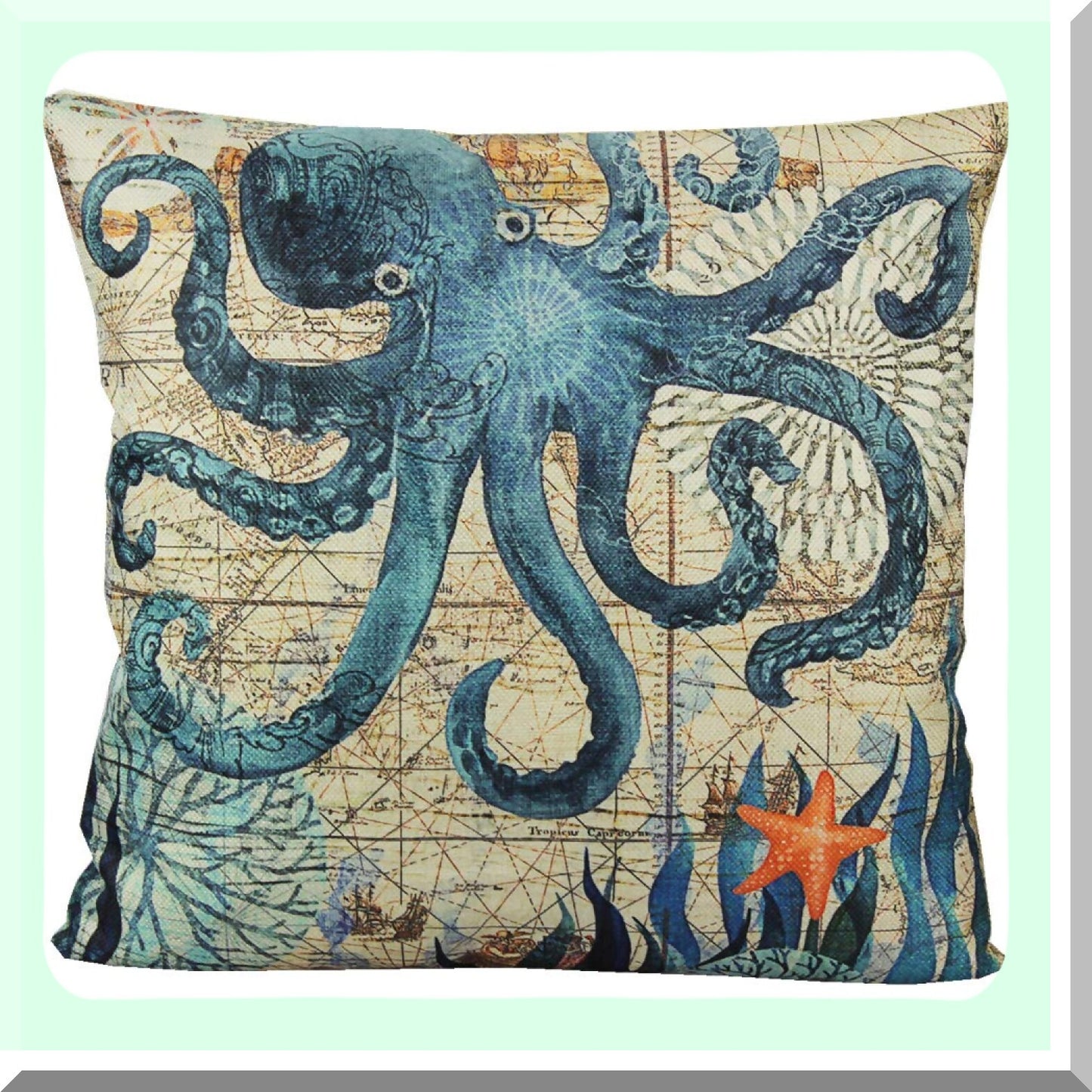 Sea Life Coastal Outdoor Pillow Covers - Set of 4, Nautical Beach Decor Cushion Cases for Patio Furniture, Mediterranean Ocean Theme 18x18 Inch
