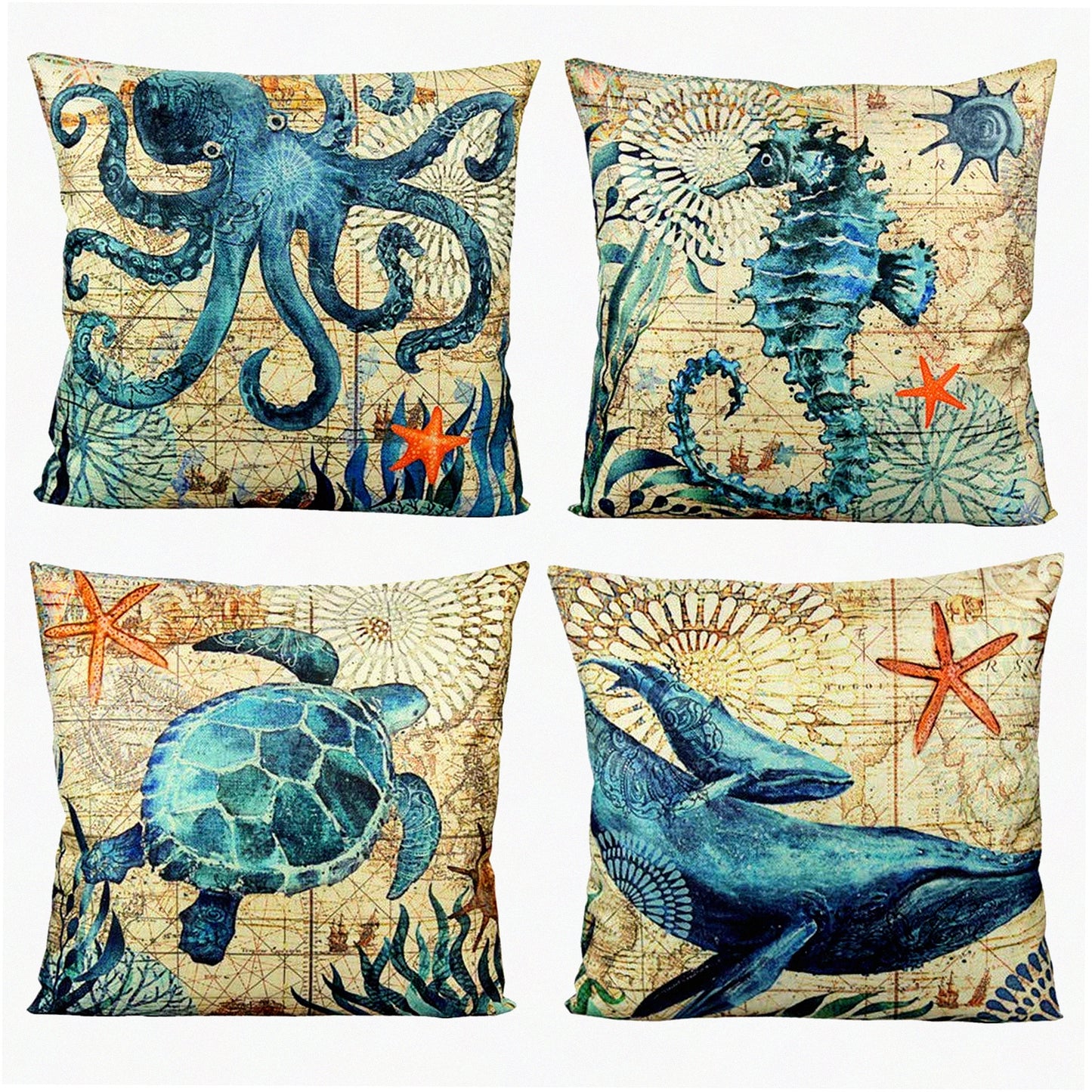 Sea Life Coastal Outdoor Pillow Covers - Set of 4, Nautical Beach Decor Cushion Cases for Patio Furniture, Mediterranean Ocean Theme 18x18 Inch
