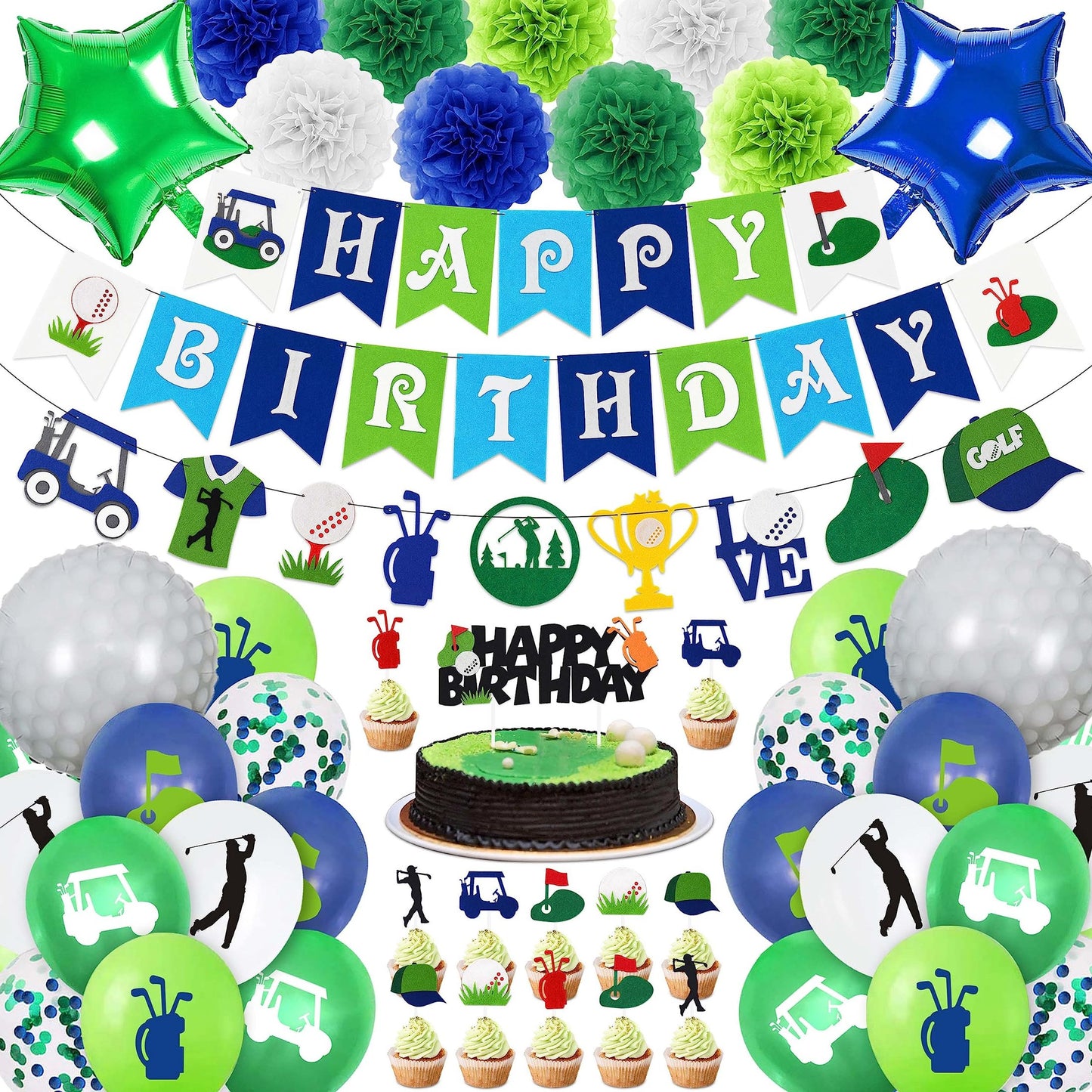Golf Party Pack - 50pc Golf Themed Decorations Set with Balloons, Cake Topper, Banner, and Pompoms for Birthday Celebrations and Events