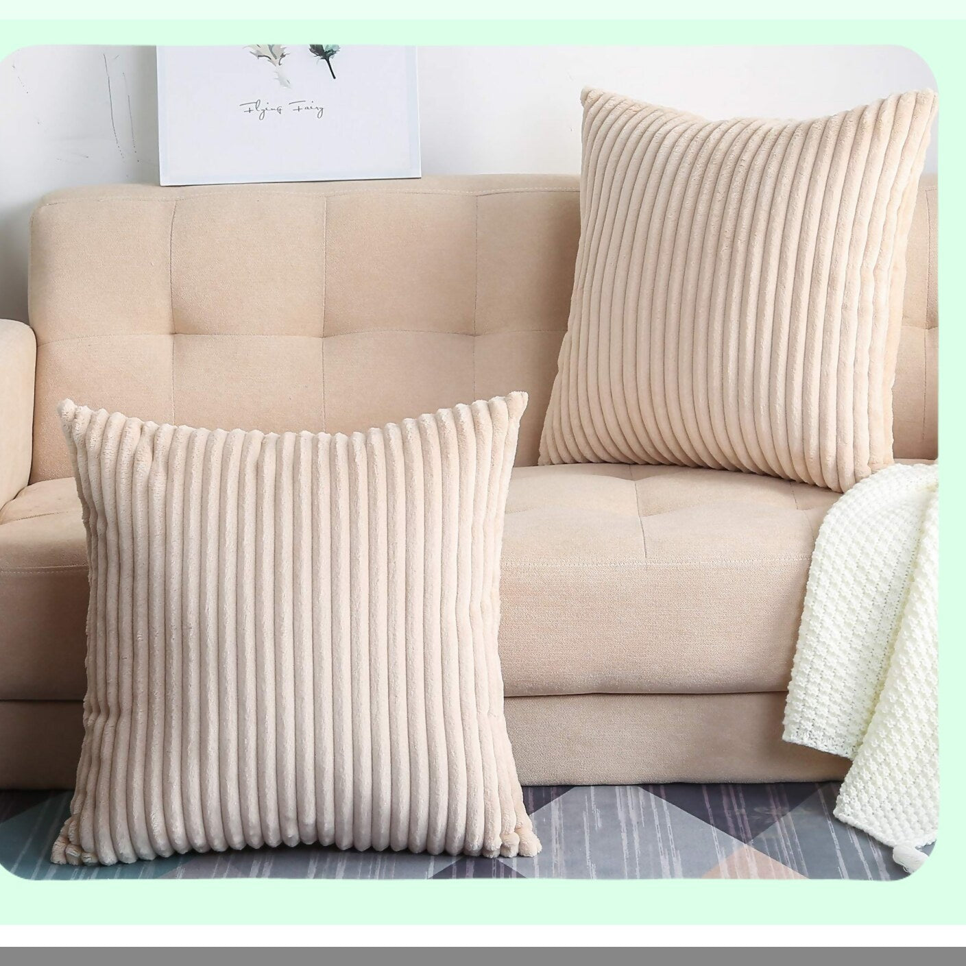 Luxury Velvet Striped Corduroy Throw Pillow Covers - Set of 2 Soft Plush Square Cushion Cases - Decorative Solid Beige 18"x18" - A17 Collection