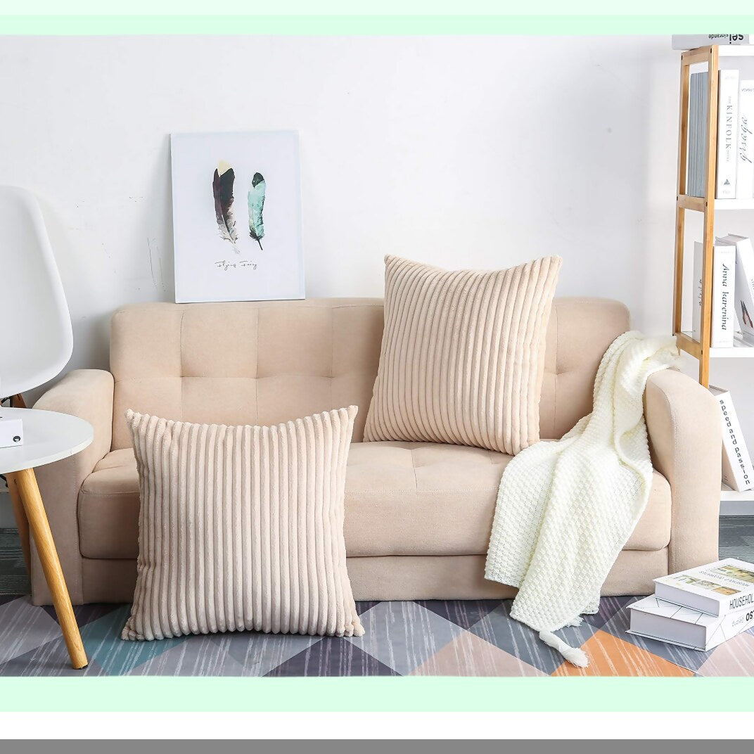 Luxury Velvet Striped Corduroy Throw Pillow Covers - Set of 2 Soft Plush Square Cushion Cases - Decorative Solid Beige 18"x18" - A17 Collection