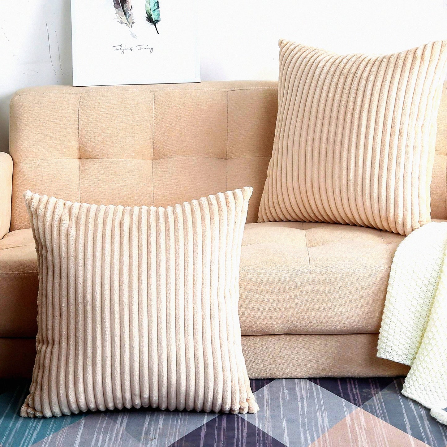 Luxury Velvet Striped Corduroy Throw Pillow Covers - Set of 2 Soft Plush Square Cushion Cases - Decorative Solid Beige 18"x18" - A17 Collection