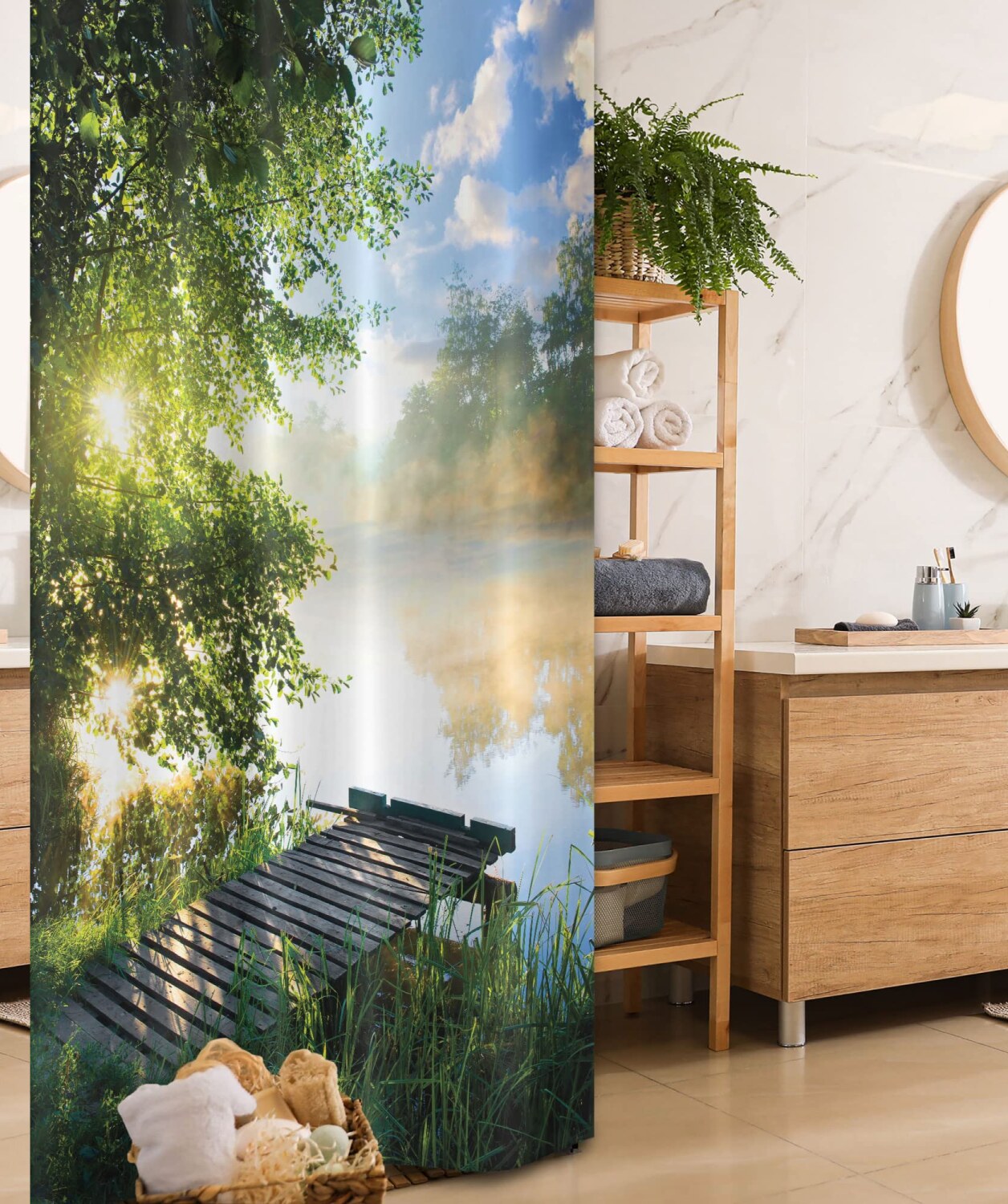 Landscape Shower Curtain, Fishing Pier, 36x72, Green Blue