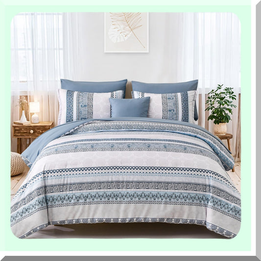 Paisley Bliss Queen Comforter Set - 8 Piece Boho Bed in a Bag, Light Blue Floral Bedding, All Season Comforter Set for Queen Size Bed