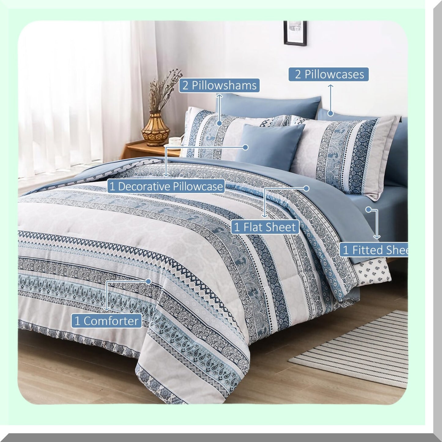 Paisley Bliss Queen Comforter Set - 8 Piece Boho Bed in a Bag, Light Blue Floral Bedding, All Season Comforter Set for Queen Size Bed