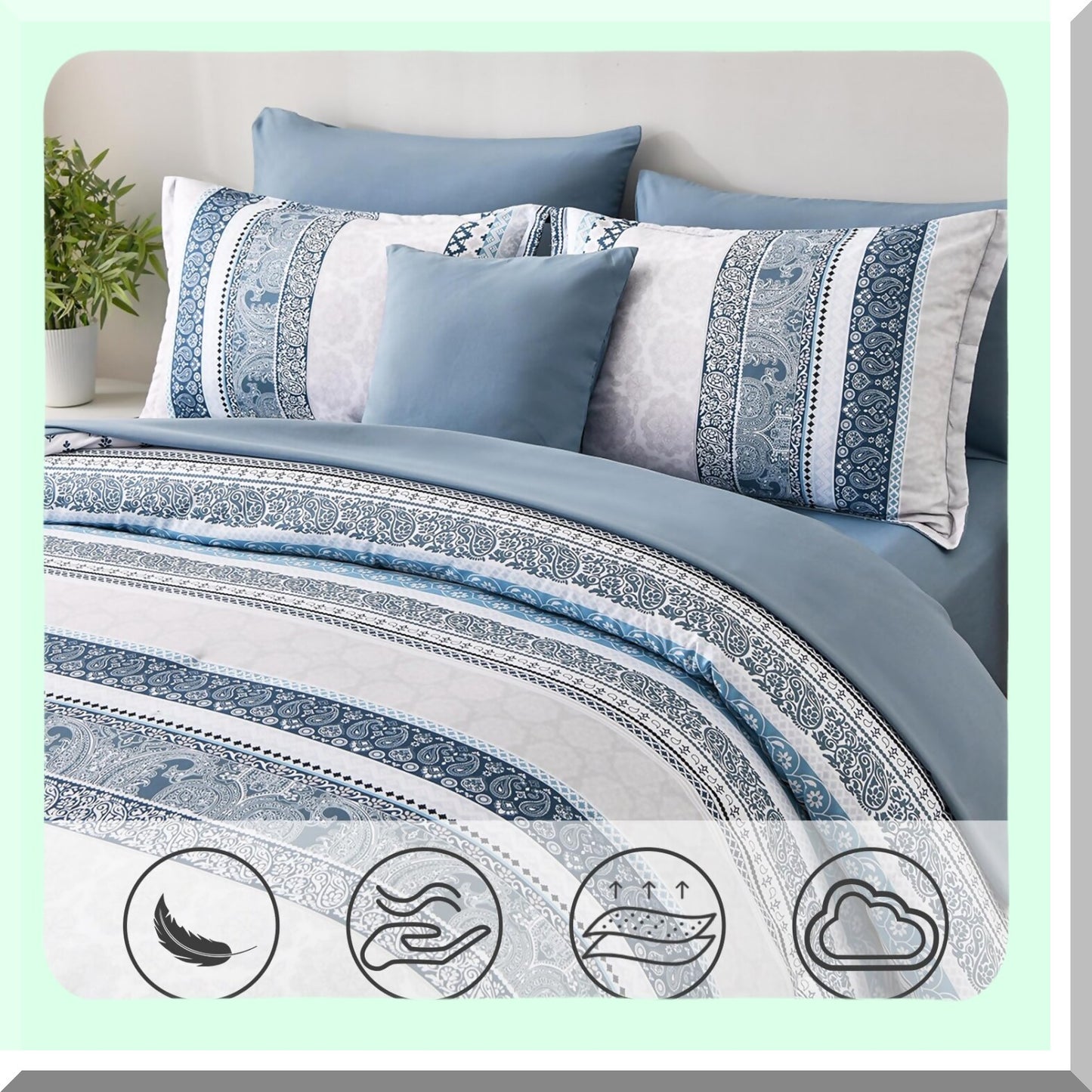 Paisley Bliss Queen Comforter Set - 8 Piece Boho Bed in a Bag, Light Blue Floral Bedding, All Season Comforter Set for Queen Size Bed