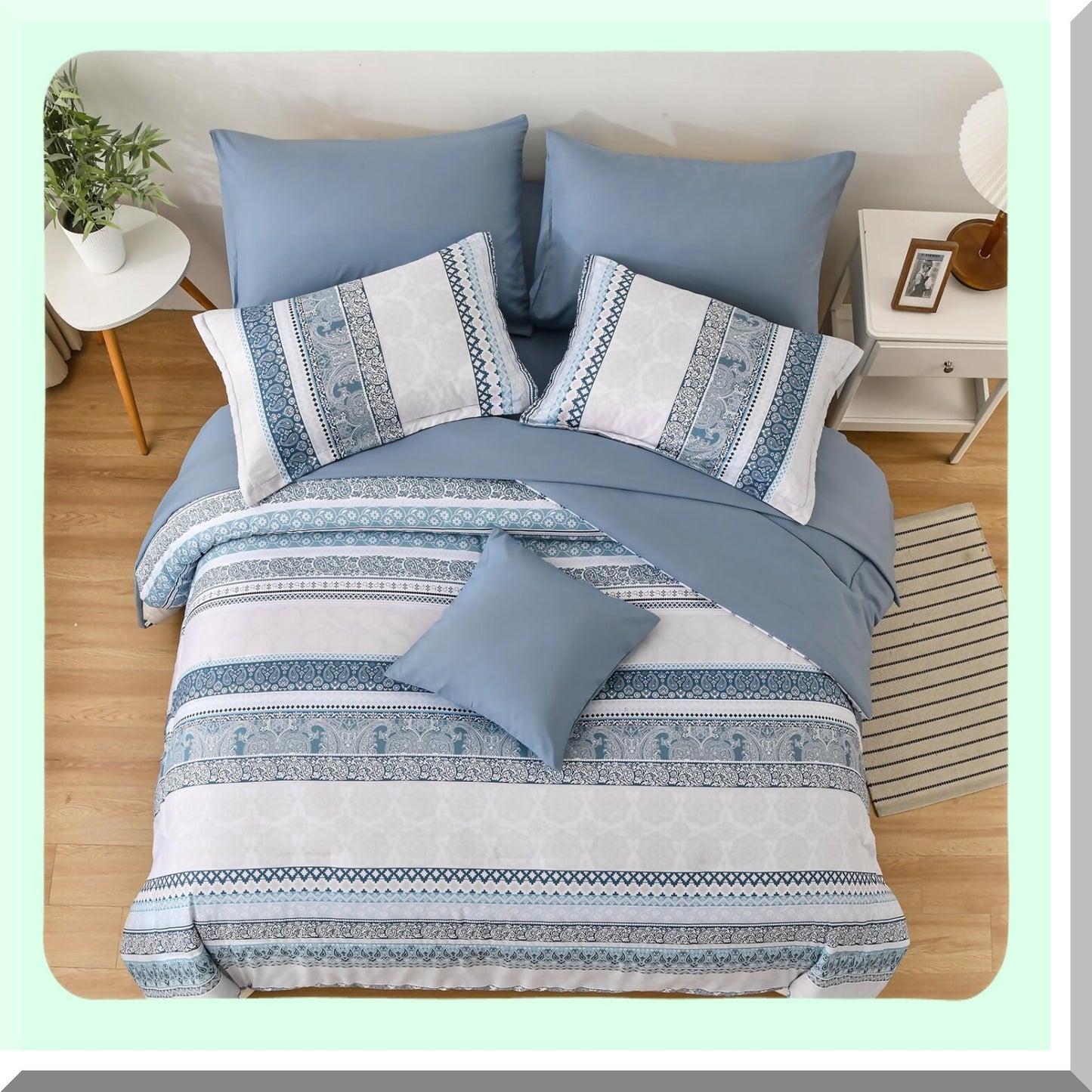 Paisley Bliss Queen Comforter Set - 8 Piece Boho Bed in a Bag, Light Blue Floral Bedding, All Season Comforter Set for Queen Size Bed
