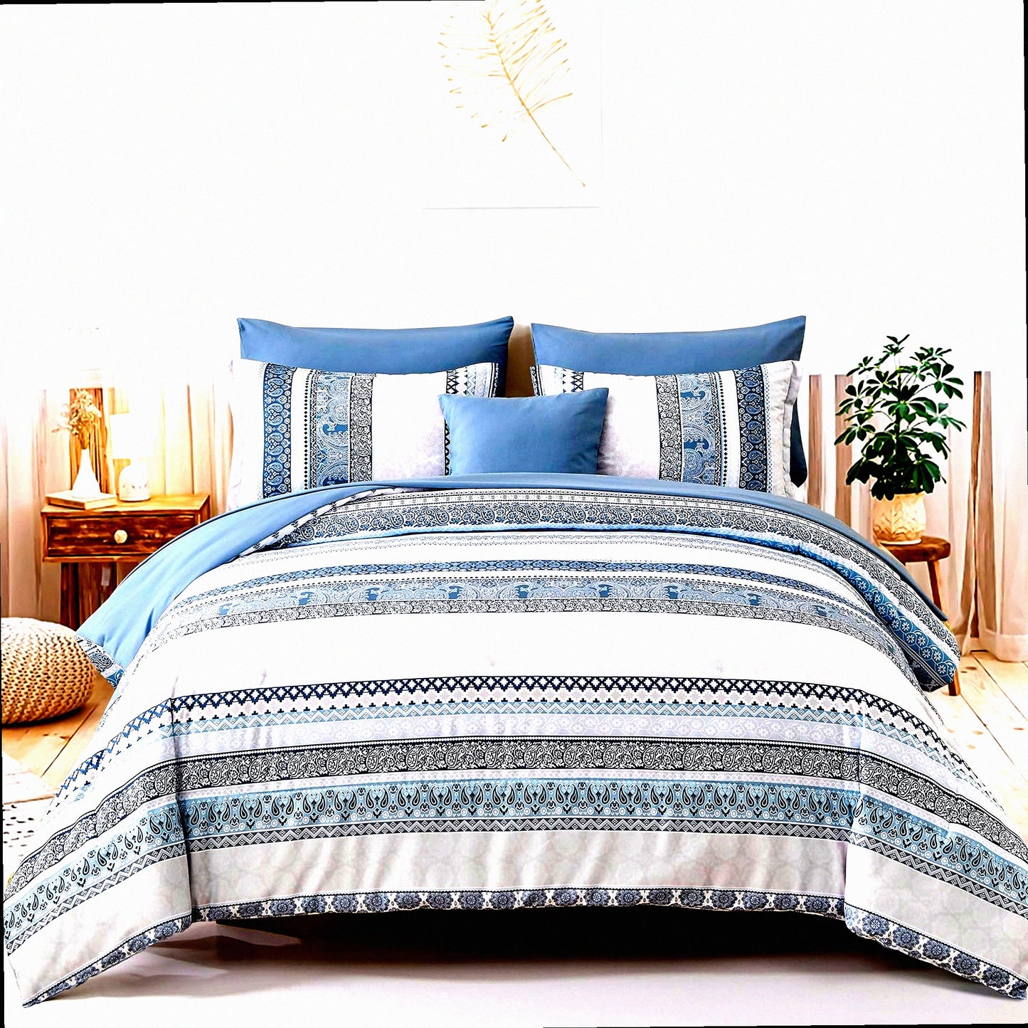 Paisley Bliss Queen Comforter Set - 8 Piece Boho Bed in a Bag, Light Blue Floral Bedding, All Season Comforter Set for Queen Size Bed