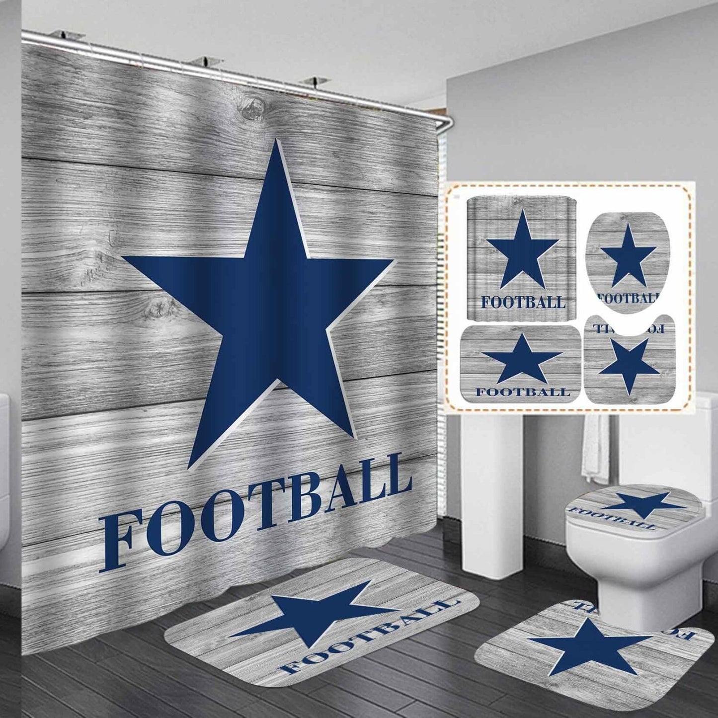 Football Shower Curtain 4PCS Set Navy Blue