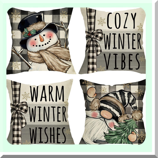 Cozy Snowman Gnome Winter Pillow Covers - Set of 4, Buffalo Plaid Holiday Farmhouse Cushion Case - 20 x 20 Decorative Outdoor Home Decor