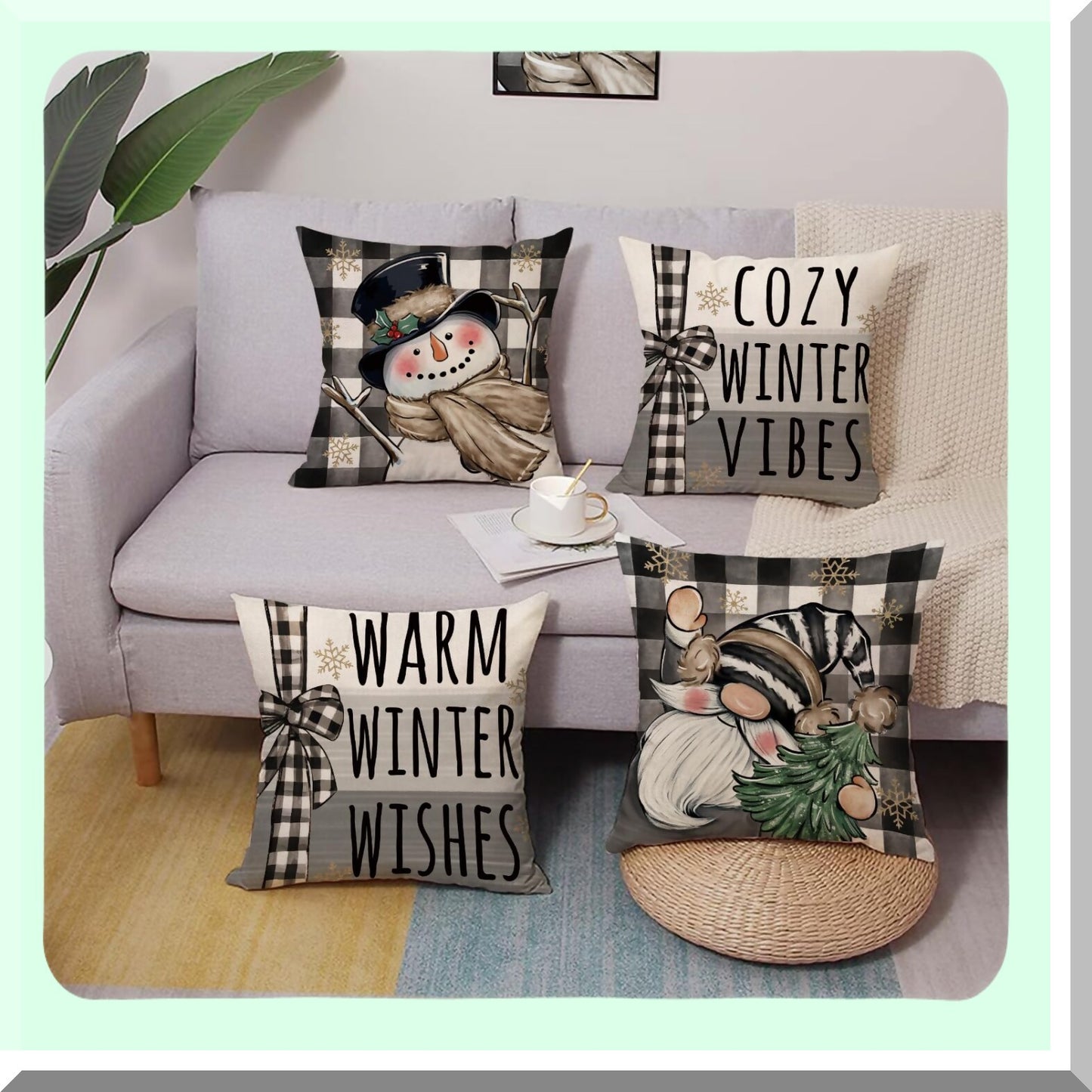 Cozy Snowman Gnome Winter Pillow Covers - Set of 4, Buffalo Plaid Holiday Farmhouse Cushion Case - 20 x 20 Decorative Outdoor Home Decor