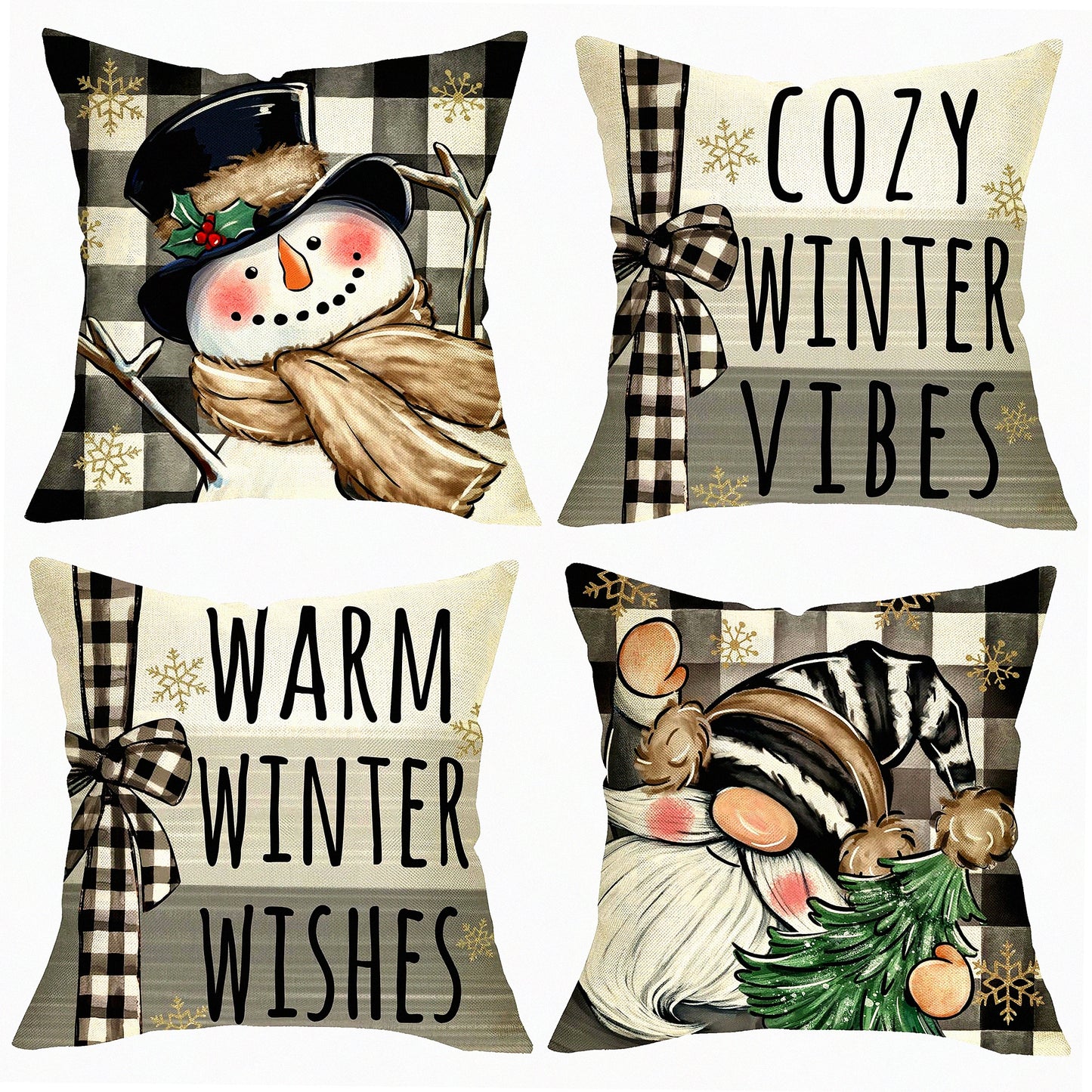 Cozy Snowman Gnome Winter Pillow Covers - Set of 4, Buffalo Plaid Holiday Farmhouse Cushion Case - 20 x 20 Decorative Outdoor Home Decor
