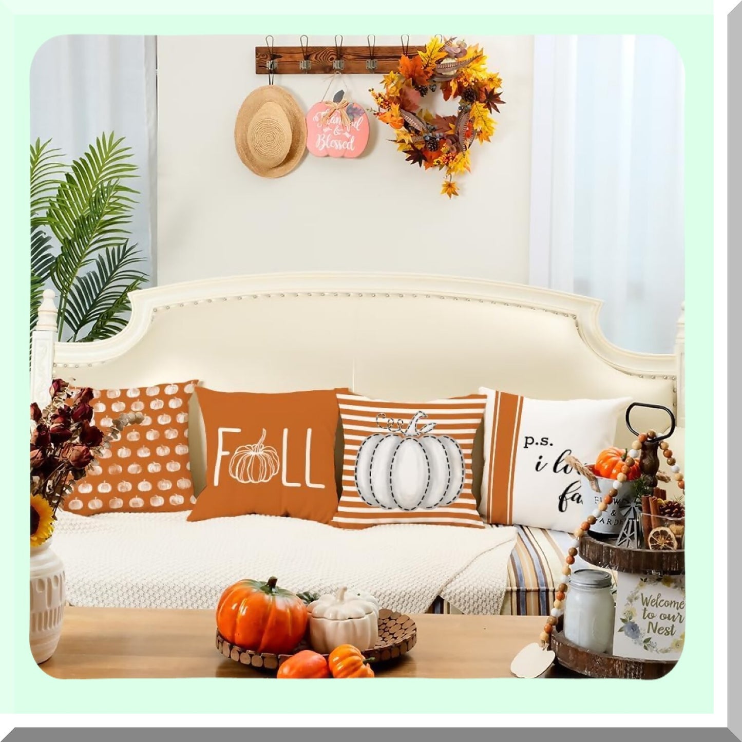 Fall Harvest Stripe Pillow Covers - Set of 4, Autumn Pumpkins Decorative Throw Pillows for Farmhouse Thanksgiving Decor. Ideal for Home Sofa and Couch.