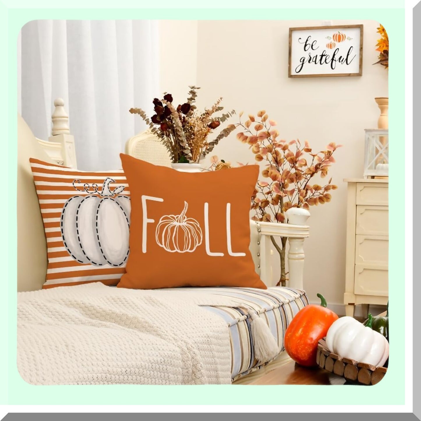 Fall Harvest Stripe Pillow Covers - Set of 4, Autumn Pumpkins Decorative Throw Pillows for Farmhouse Thanksgiving Decor. Ideal for Home Sofa and Couch.