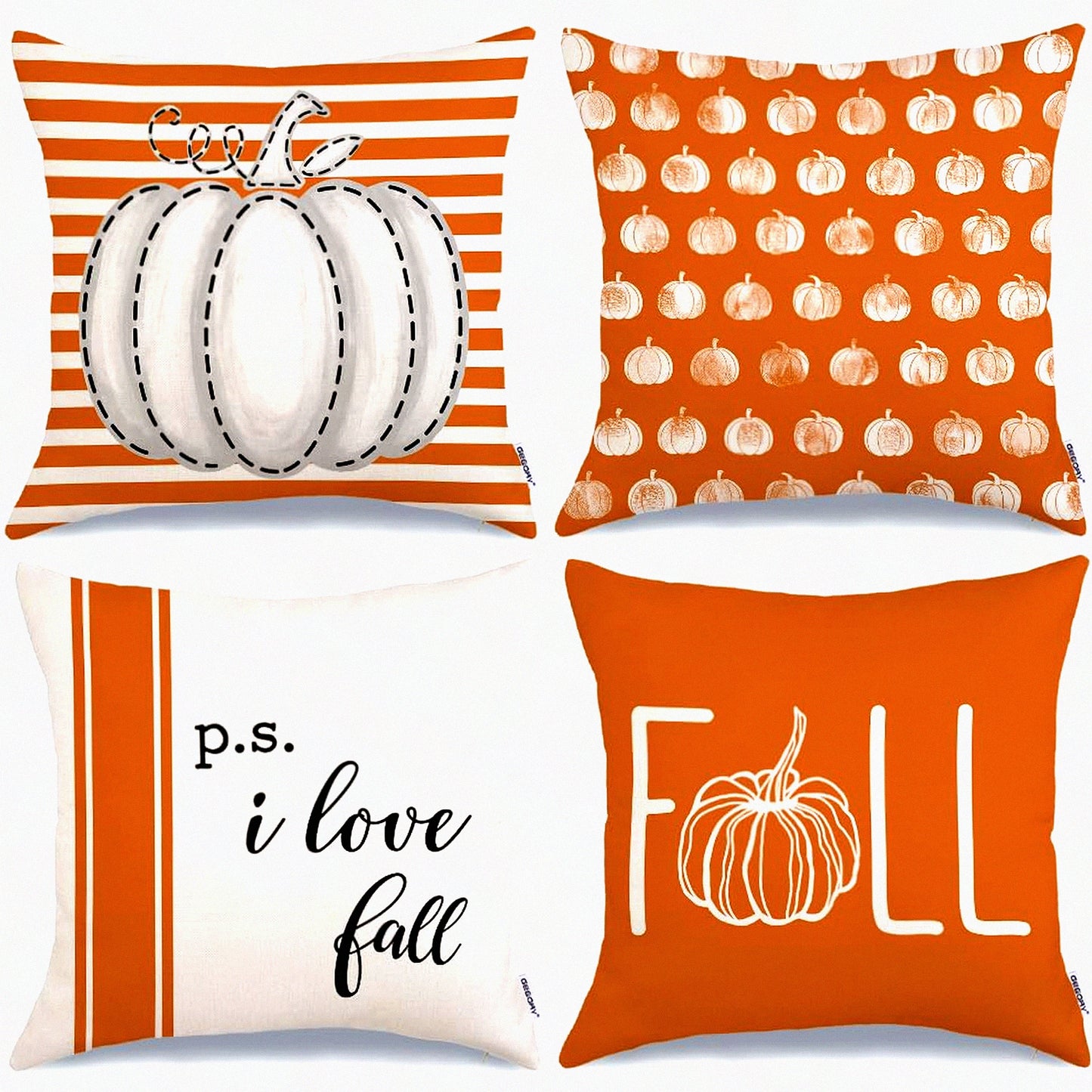 Fall Harvest Stripe Pillow Covers - Set of 4, Autumn Pumpkins Decorative Throw Pillows for Farmhouse Thanksgiving Decor. Ideal for Home Sofa and Couch.