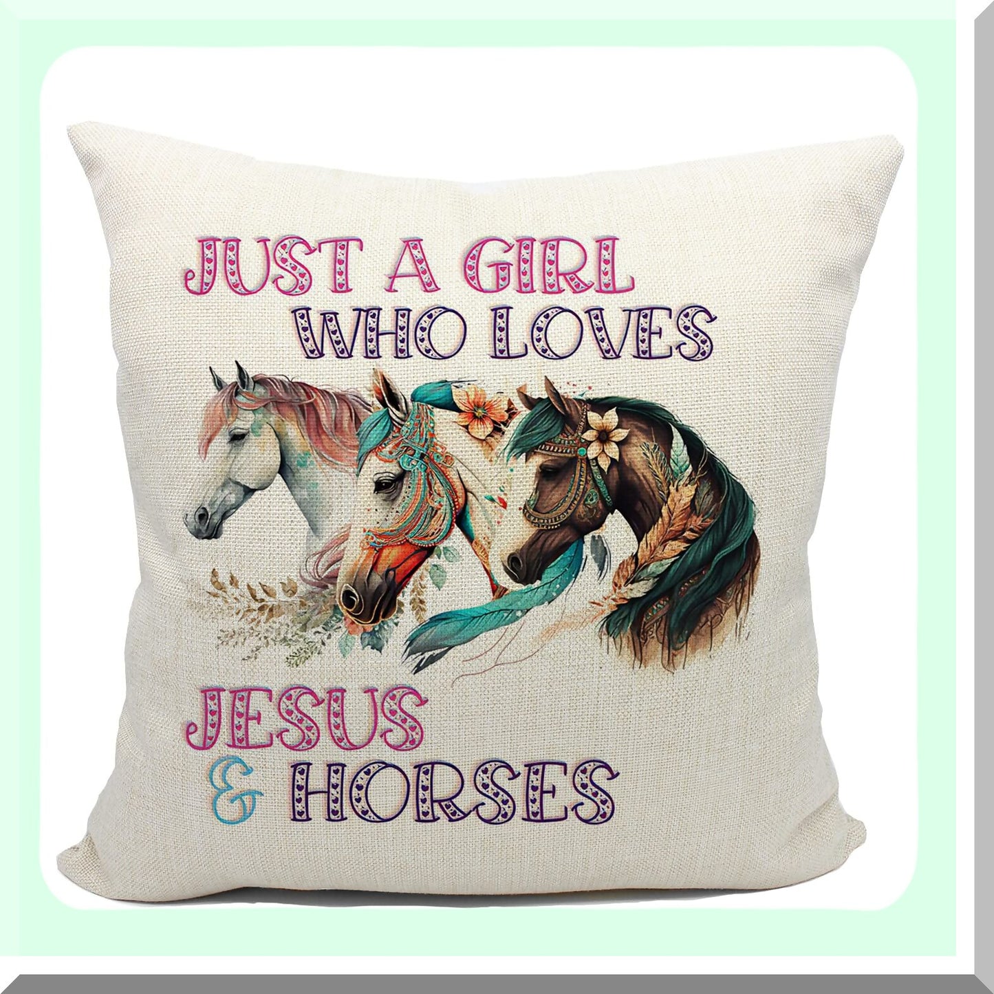 Linen Horse Pillow Cover Set - 18x18 Decorative Cushion for Girls Room, Bedroom Decor - Cute Horse Design, Soft Linen Fabric, Horse Lover Gift