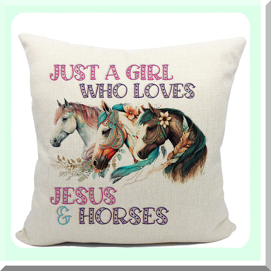 Linen Horse Pillow Cover Set - 18x18 Decorative Cushion for Girls Room, Bedroom Decor - Cute Horse Design, Soft Linen Fabric, Horse Lover Gift
