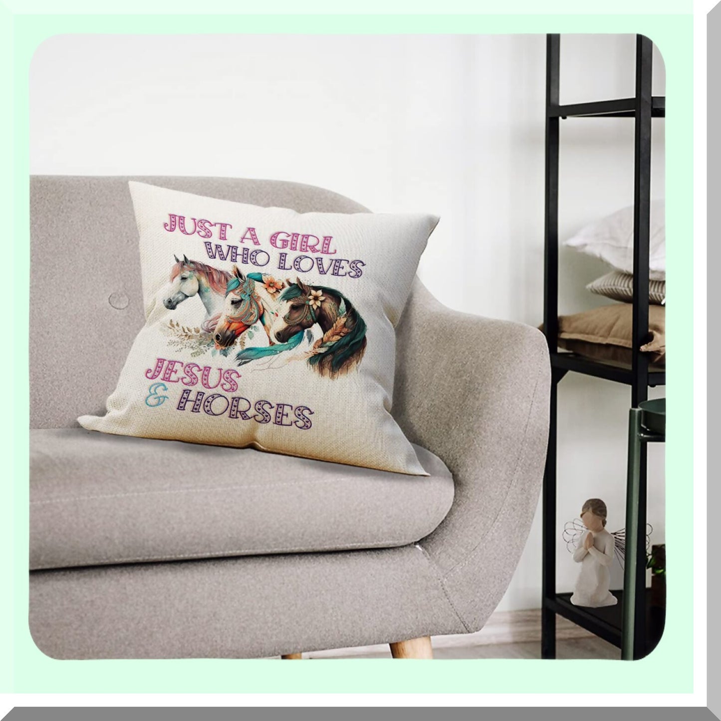 Linen Horse Pillow Cover Set - 18x18 Decorative Cushion for Girls Room, Bedroom Decor - Cute Horse Design, Soft Linen Fabric, Horse Lover Gift