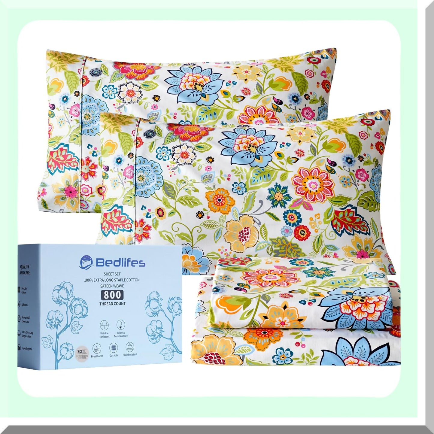 Luxury Floral Sateen Full Size Sheets - 800 Thread Count Cotton - Cooling & Breathable - Colorful Hotel Sheets - 16" Deep Pocket - 4 Piece Set