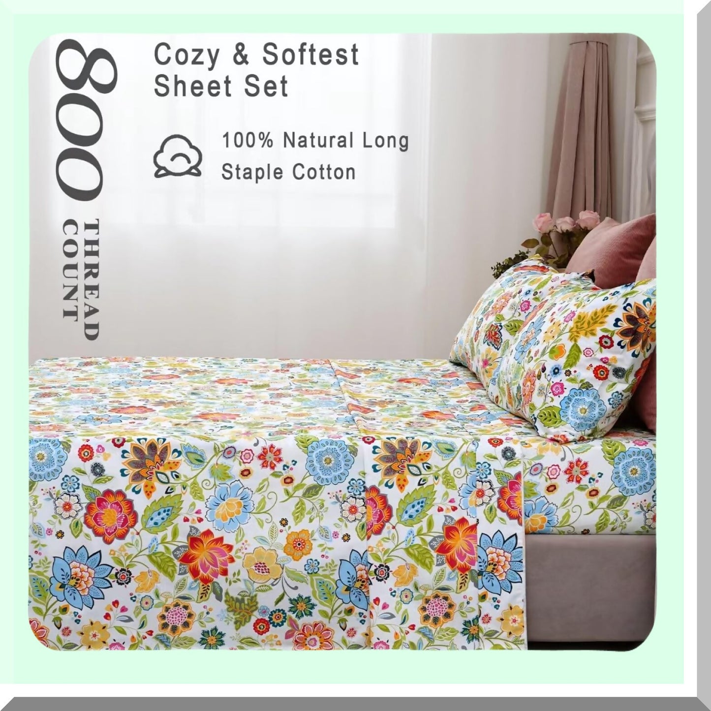 Luxury Floral Sateen Full Size Sheets - 800 Thread Count Cotton - Cooling & Breathable - Colorful Hotel Sheets - 16" Deep Pocket - 4 Piece Set